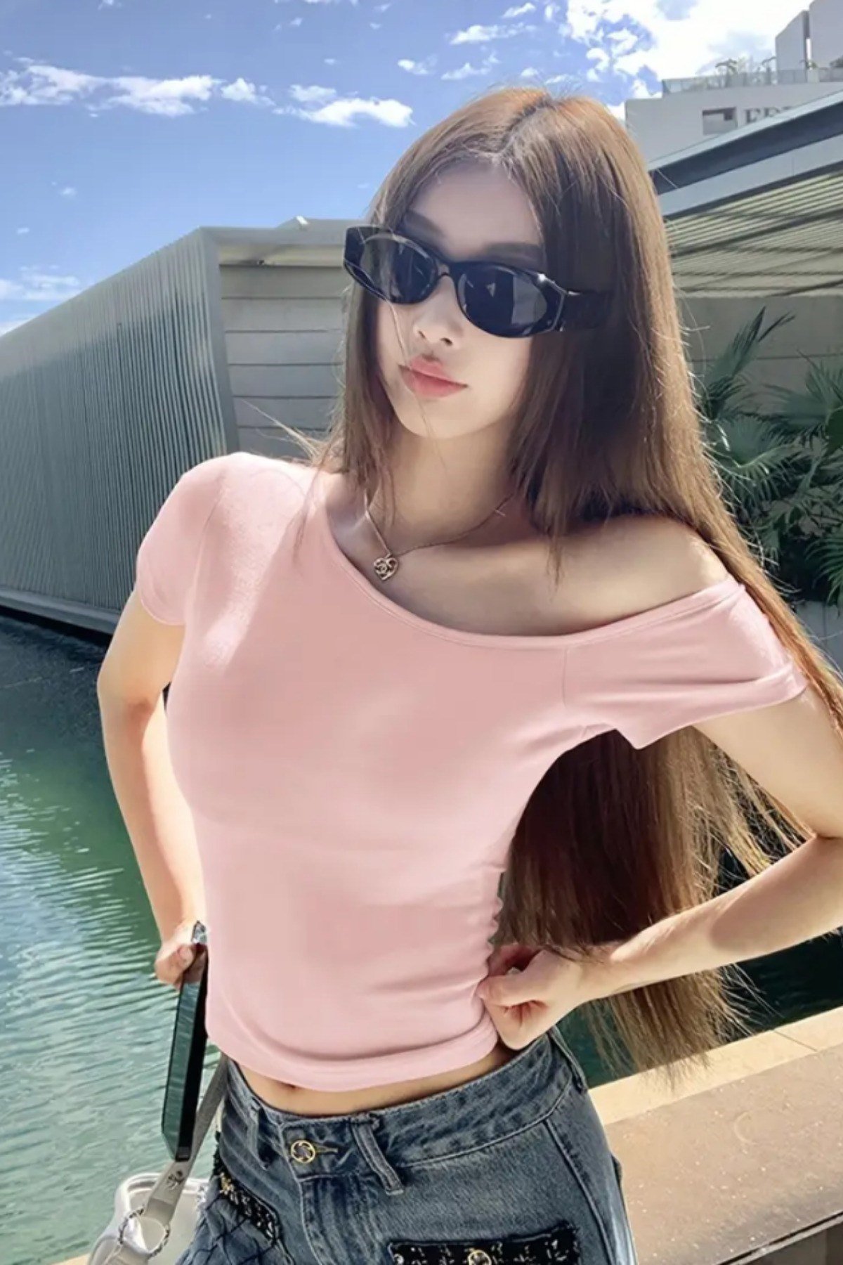 Tarz CoolT-shirtLKYKTST025R04Pembe Kadın Düşük Omuz Kayık Yaka Dar/Slim Likralı T-Shirt