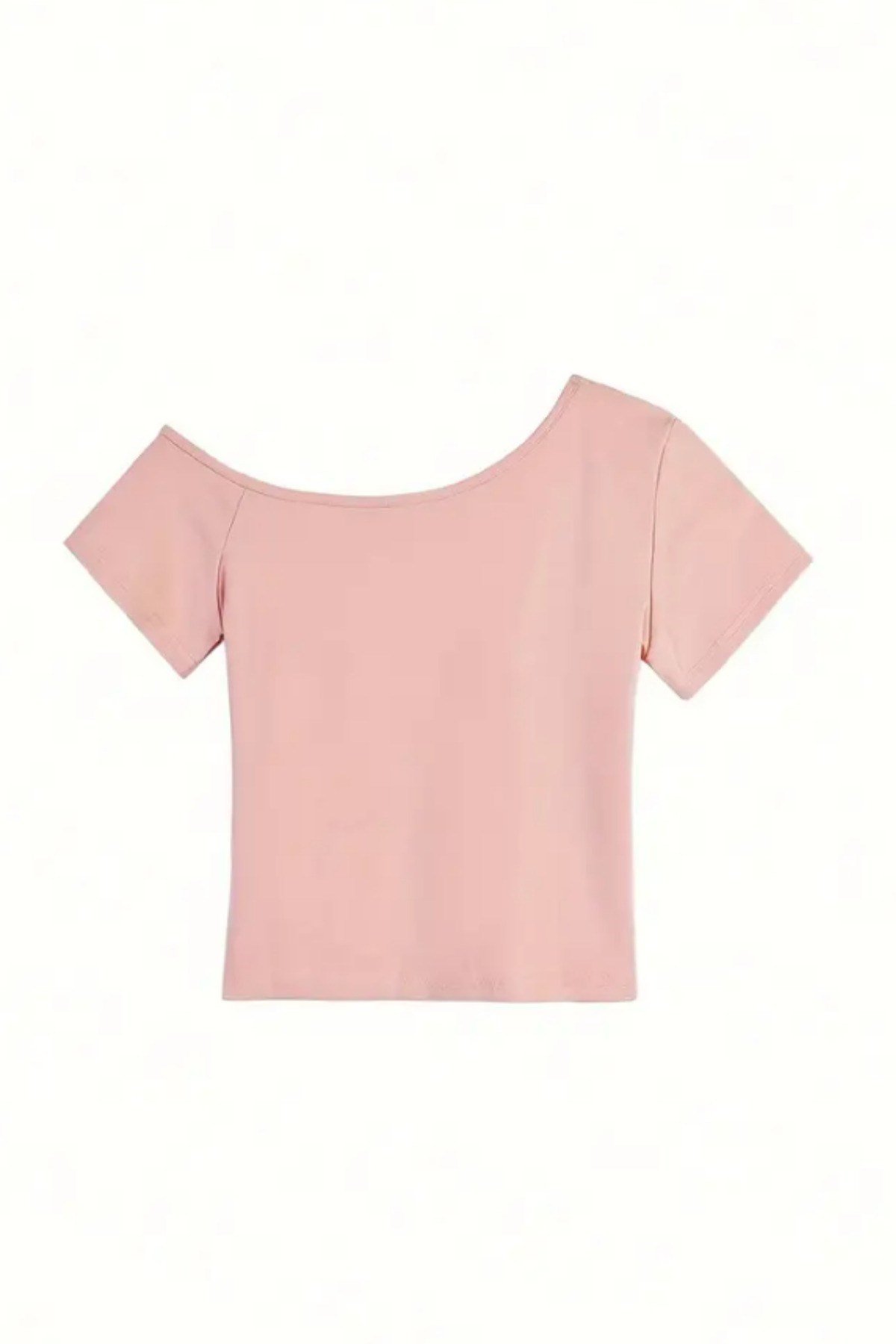 Tarz CoolT-shirtLKYKTST025R04Pembe Kadın Düşük Omuz Kayık Yaka Dar/Slim Likralı T-Shirt