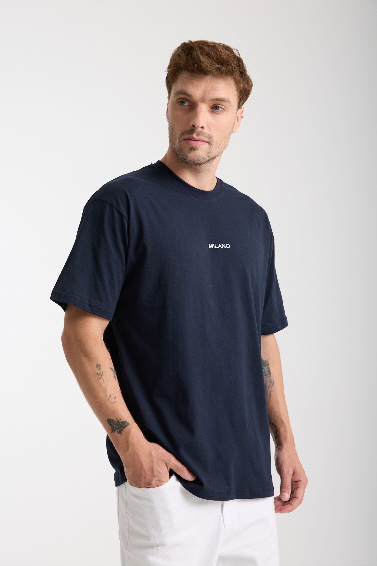 Tarz CoolT-shirtMLANOTST025R02Erkek Milano Nakış Yazılı Oversize Bisiklet Yaka T-Shirt