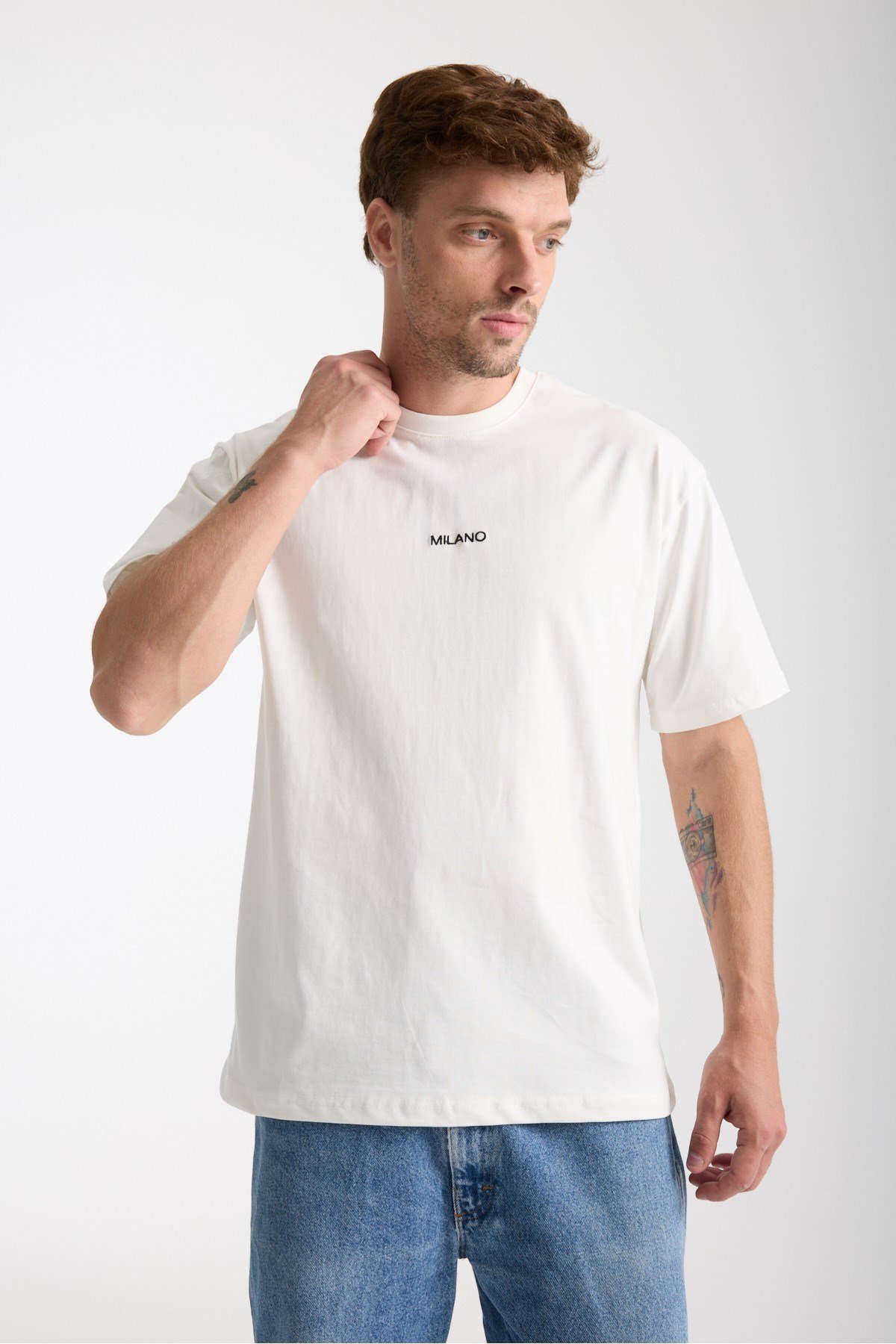 Tarz CoolT-shirtMLANOTST025R02Erkek Milano Nakış Yazılı Oversize Bisiklet Yaka T-Shirt