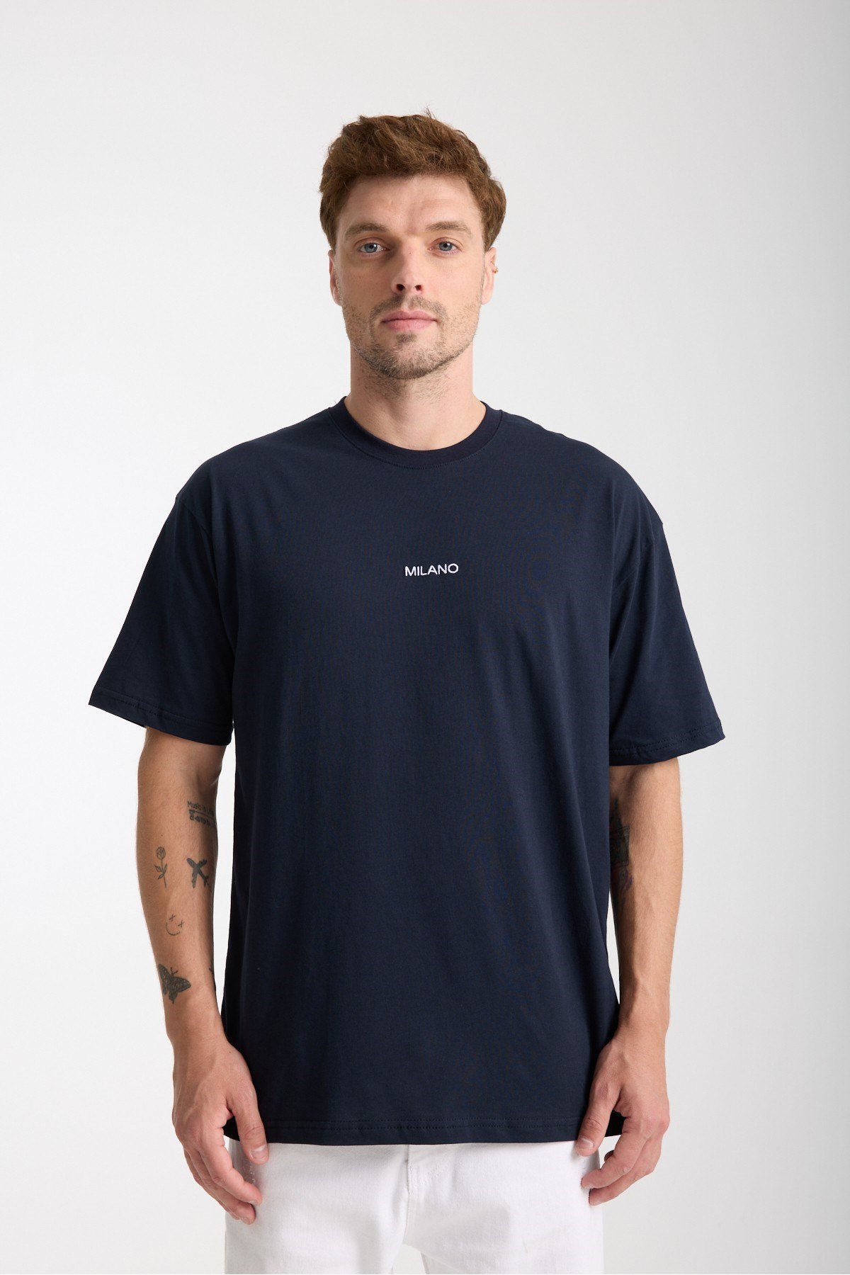 Tarz CoolT-shirtMLANOTST025R02Erkek Milano Nakış Yazılı Oversize Bisiklet Yaka T-Shirt