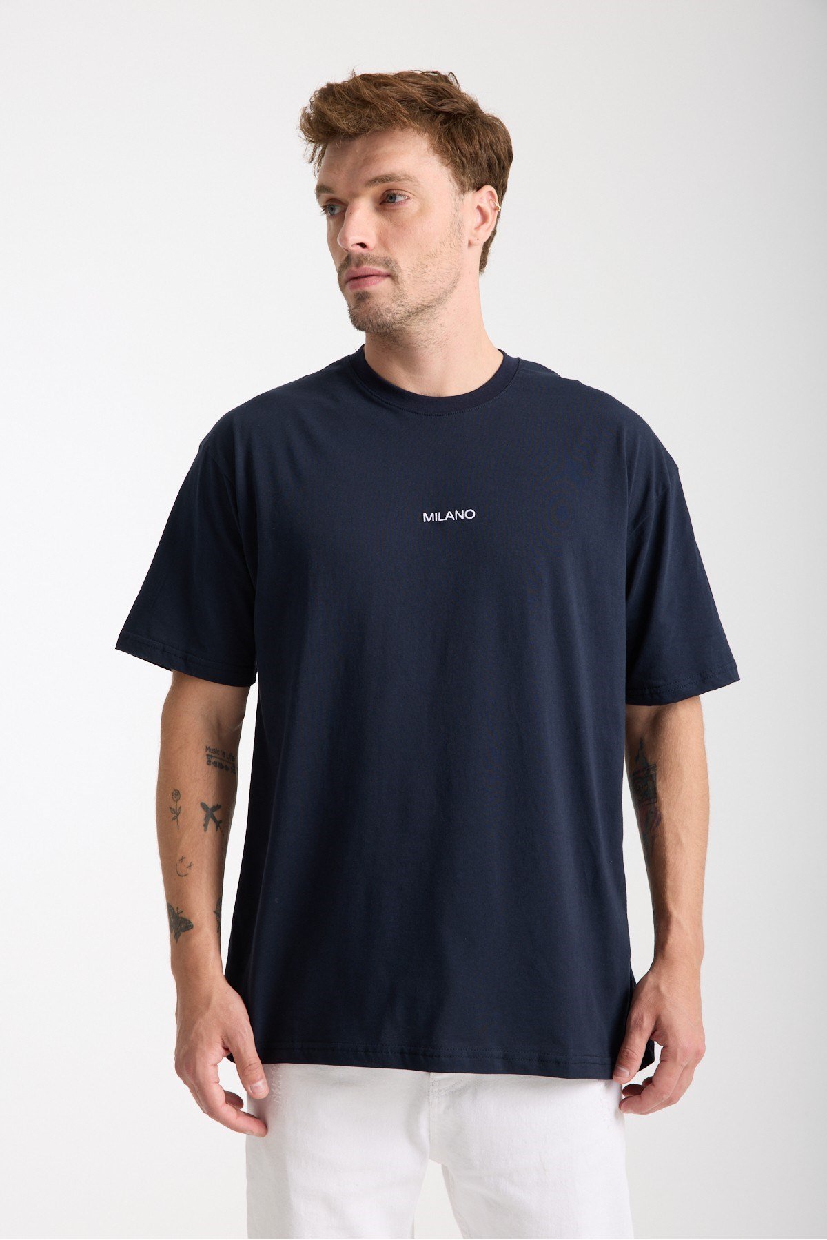 Tarz CoolT-shirtMLANOTST025R02Erkek Milano Nakış Yazılı Oversize Bisiklet Yaka T-Shirt