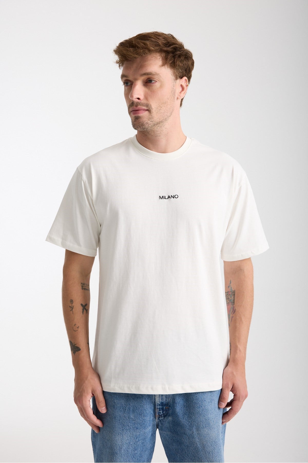 Tarz CoolT-shirtMLANOTST025R02Erkek Milano Nakış Yazılı Oversize Bisiklet Yaka T-Shirt