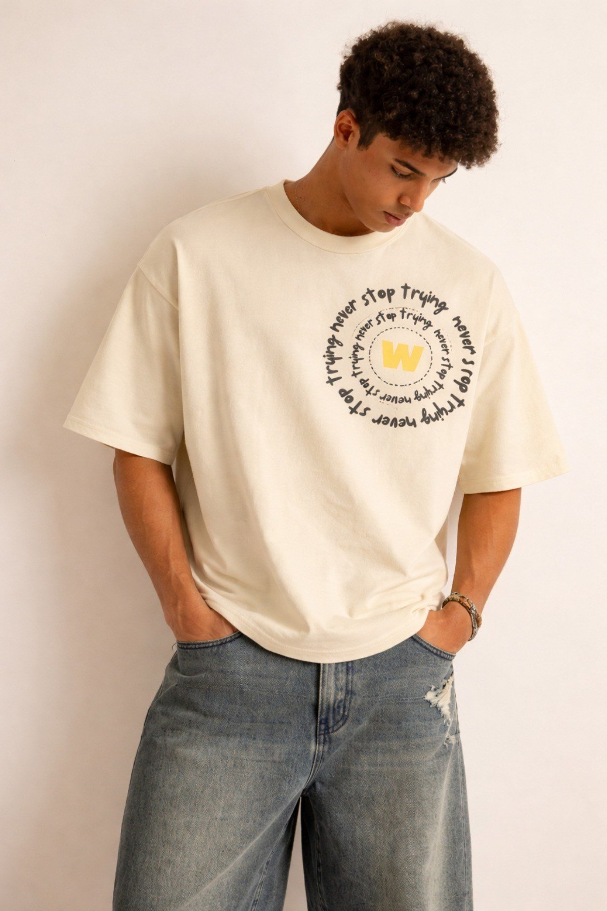 Tarz CoolT-shirtNST-W-OS-001-BY-SErkek Oversize Tişört Never Stop Trying Baskılı Salaş Kalıp
