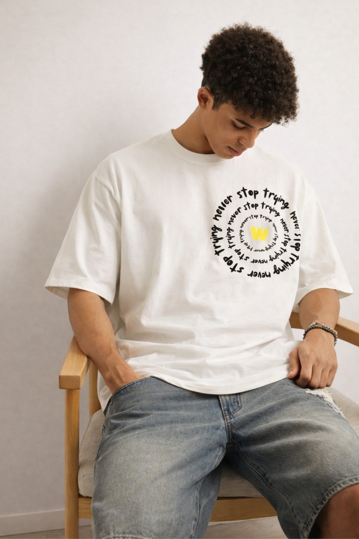 Tarz CoolT-shirtNST-W-OS-001-BY-SErkek Oversize Tişört Never Stop Trying Baskılı Salaş Kalıp