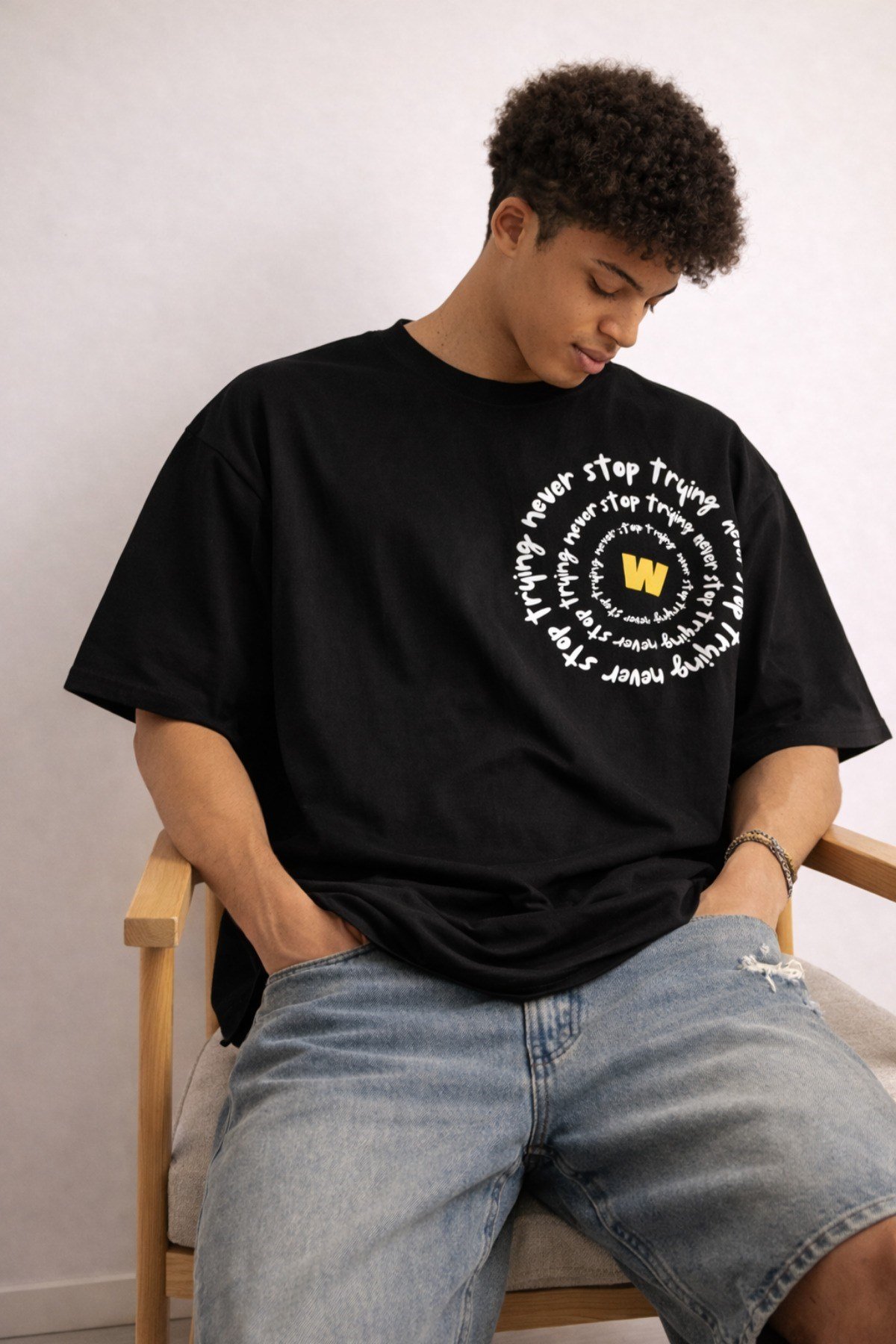 Tarz CoolT-shirtNST-W-OS-001-BY-SErkek Oversize Tişört Never Stop Trying Baskılı Salaş Kalıp