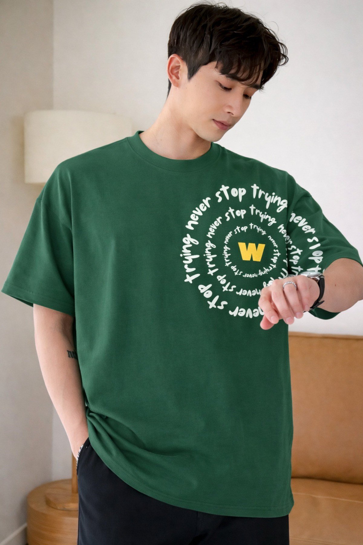Tarz CoolT-shirtNST-W-OS-001-BY-SErkek Oversize Tişört Never Stop Trying Baskılı Salaş Kalıp