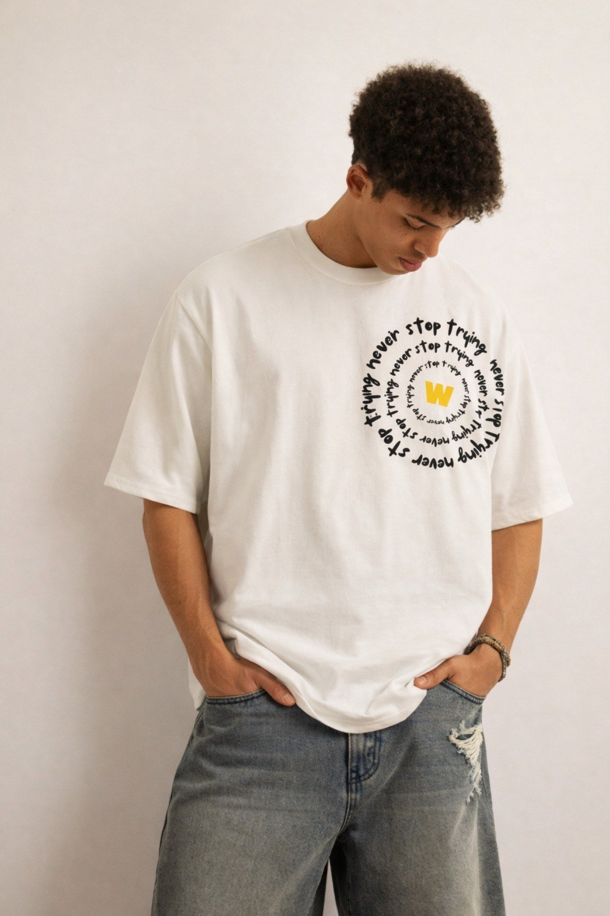 Tarz CoolT-shirtNST-W-OS-001-BY-SErkek Oversize Tişört Never Stop Trying Baskılı Salaş Kalıp