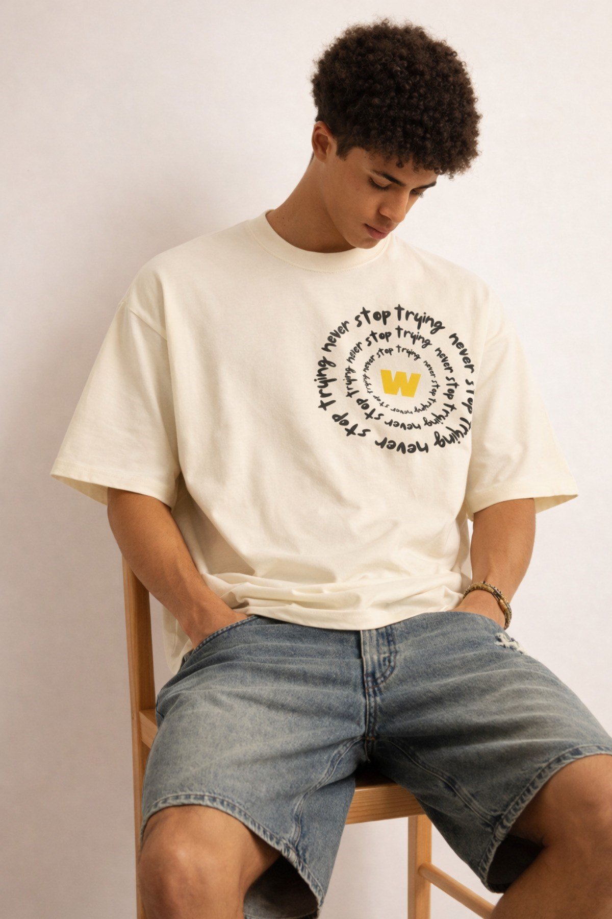 Tarz CoolT-shirtNST-W-OS-001-BY-SErkek Oversize Tişört Never Stop Trying Baskılı Salaş Kalıp