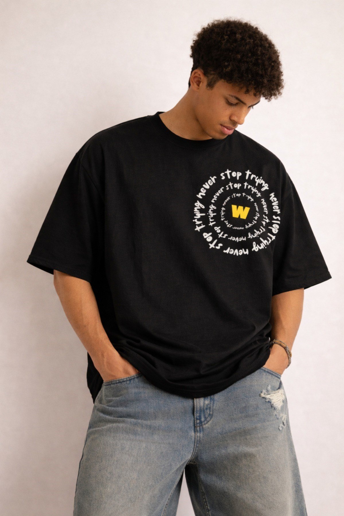 Tarz CoolT-shirtNST-W-OS-001-BY-SErkek Oversize Tişört Never Stop Trying Baskılı Salaş Kalıp