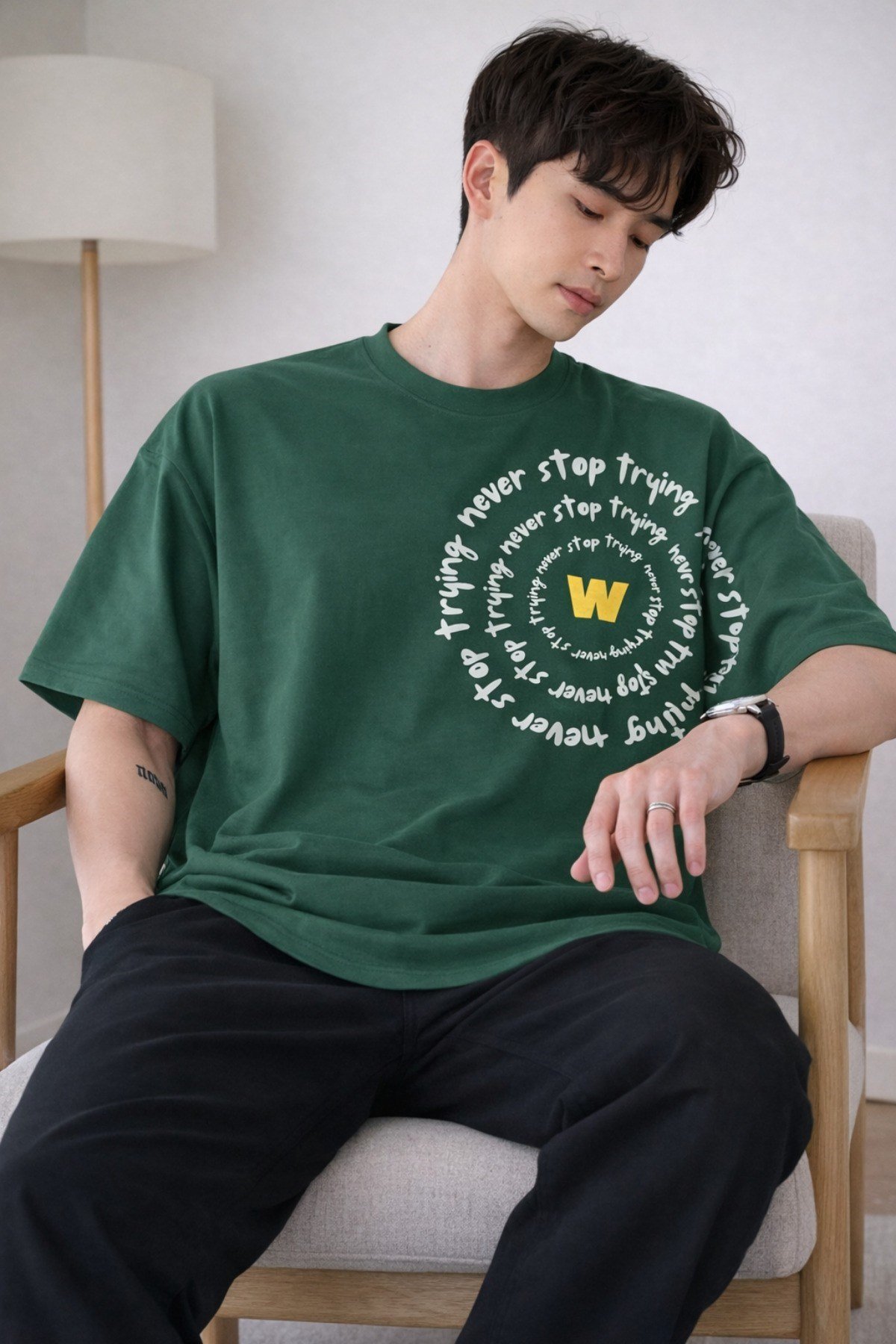 Tarz CoolT-shirtNST-W-OS-001-BY-SErkek Oversize Tişört Never Stop Trying Baskılı Salaş Kalıp