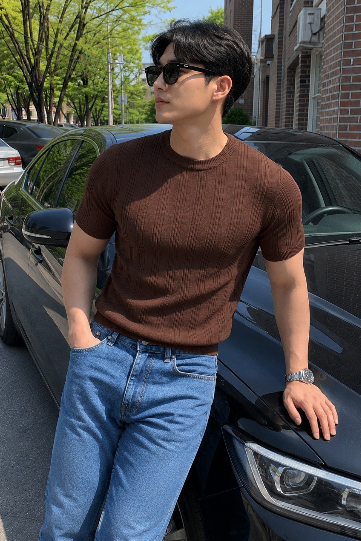 Tarz CoolT-shirtOMT-2471-Kahverengi-SOld Money Fit Bisiklet Yaka Çizgili Triko T-Shirt – Slim Kalıp Premium