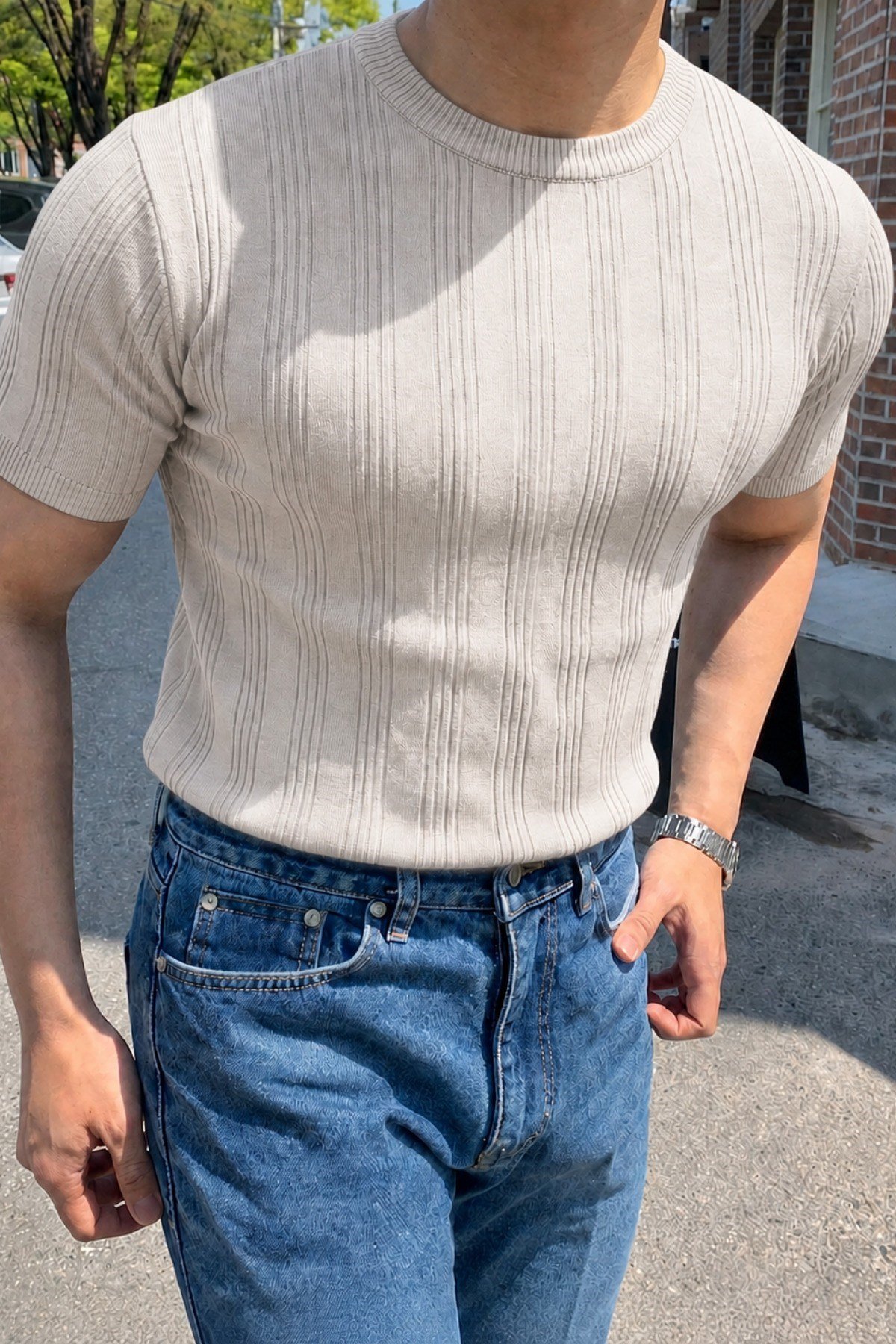 Tarz CoolT-shirtOMT-2471-Kahverengi-SOld Money Fit Bisiklet Yaka Çizgili Triko T-Shirt – Slim Kalıp Premium