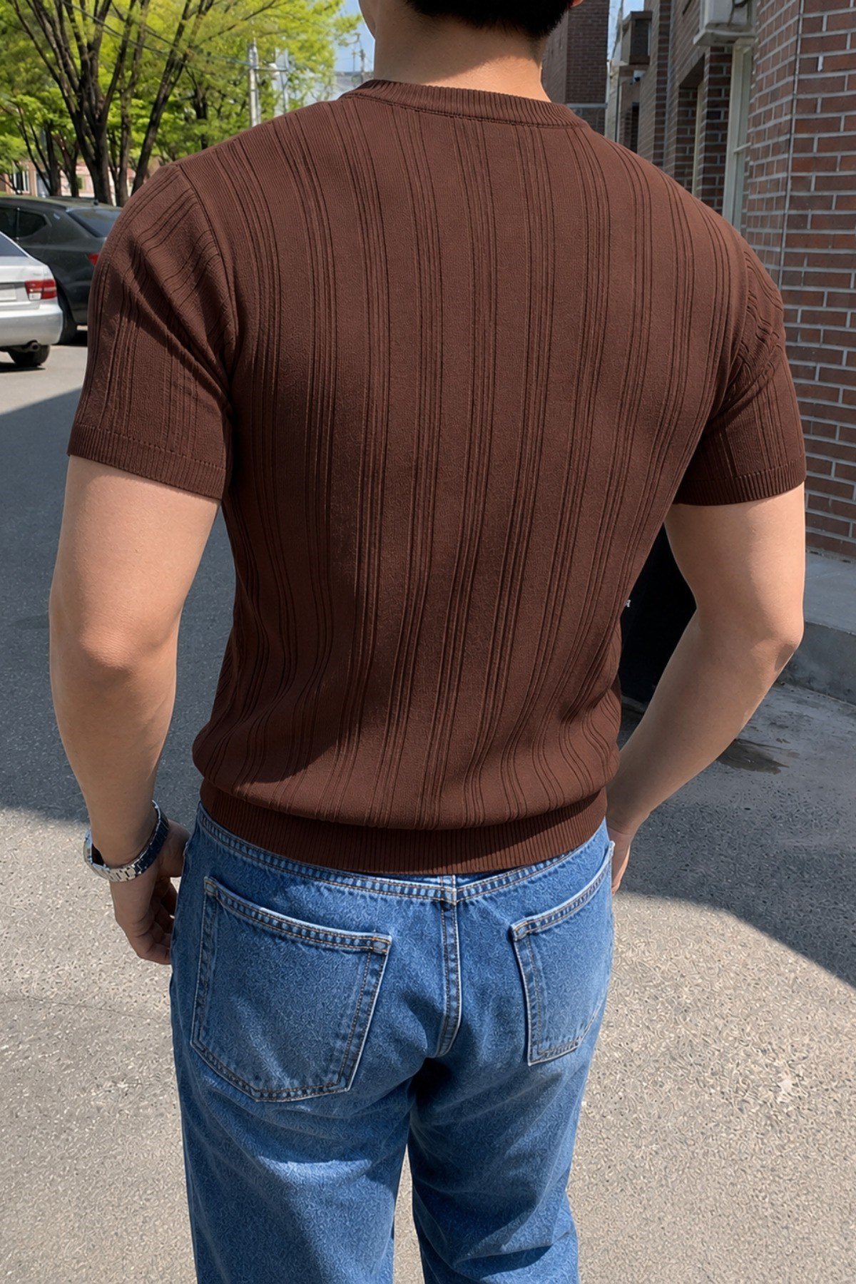 Tarz CoolT-shirtOMT-2471-Kahverengi-SOld Money Fit Bisiklet Yaka Çizgili Triko T-Shirt – Slim Kalıp Premium