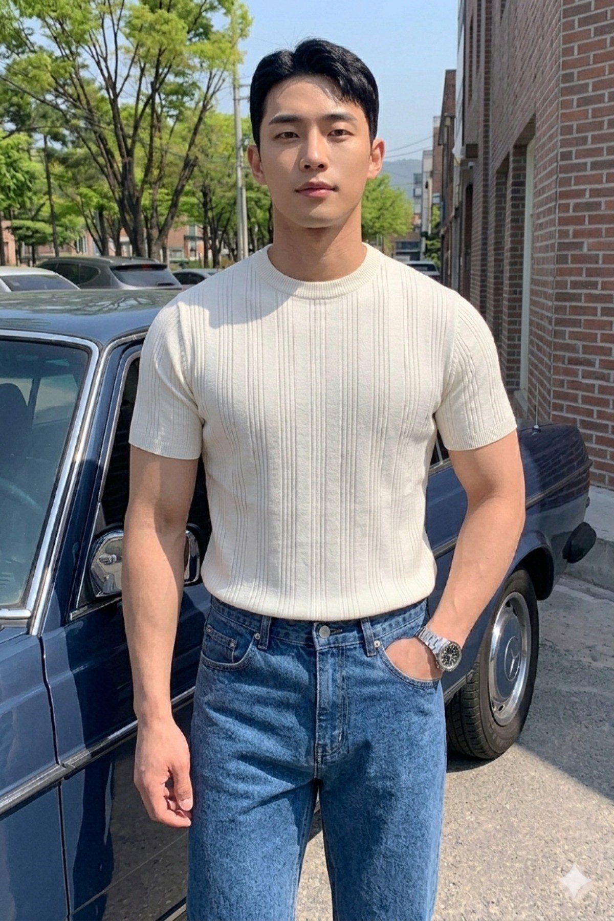 Tarz CoolT-shirtOMT-2471-Kahverengi-SOld Money Fit Bisiklet Yaka Çizgili Triko T-Shirt – Slim Kalıp Premium