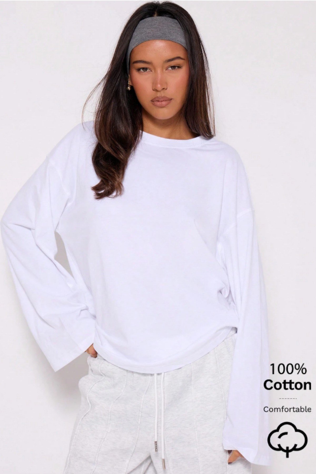 Tarz CoolT-shirtOVKDNUTST025R02Kadın %100 Pamuk Bisiklet Yaka Oversize Fit Uzun Kollu T-shirt