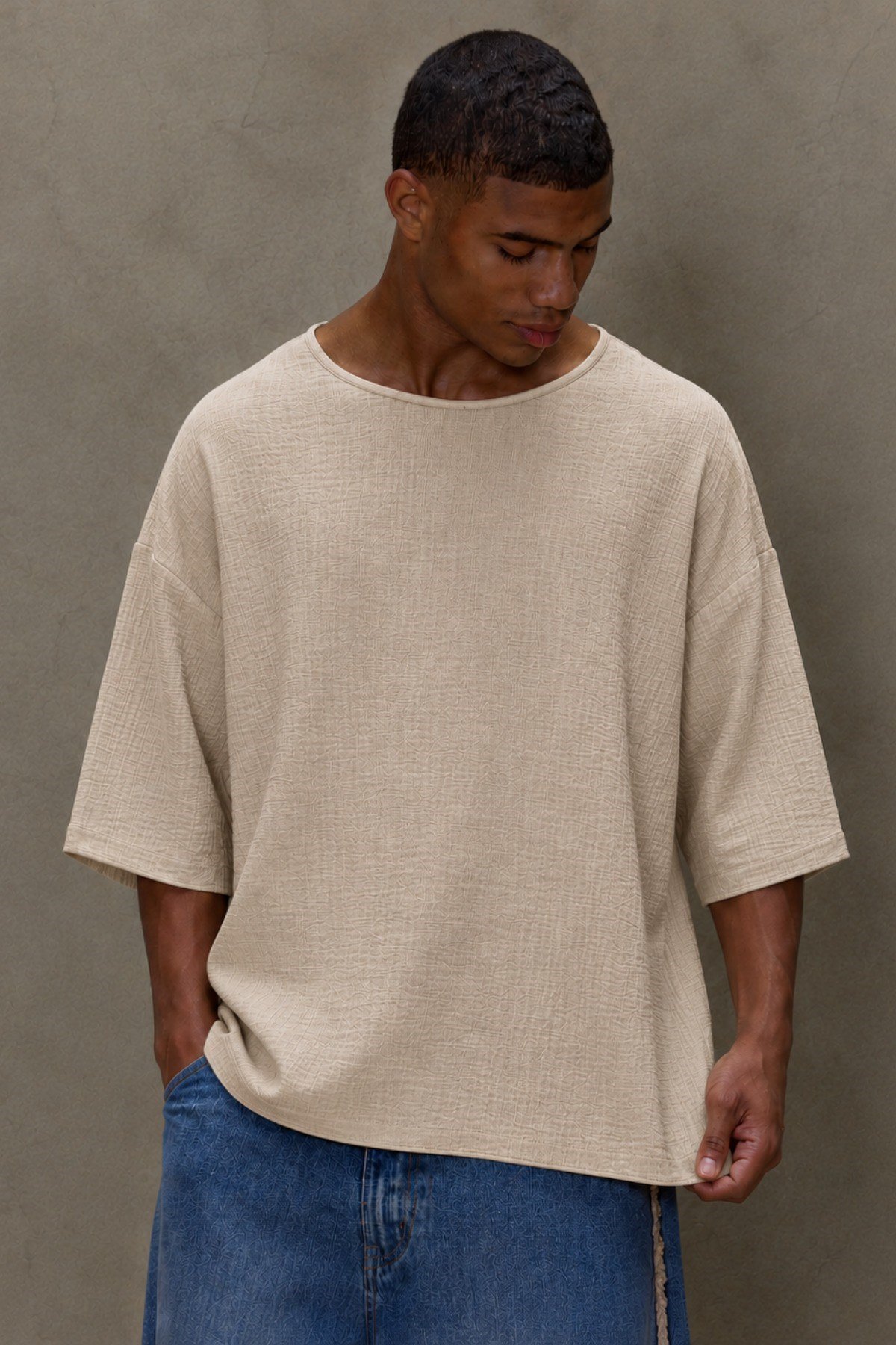 Tarz CoolT-shirtOVRKTNTST026-Siyah-LErkek Oversize Keten Görünümlü Basic Tişört – Salaş Kesim Bisiklet Yaka Günlük Streetwear T-Shirt