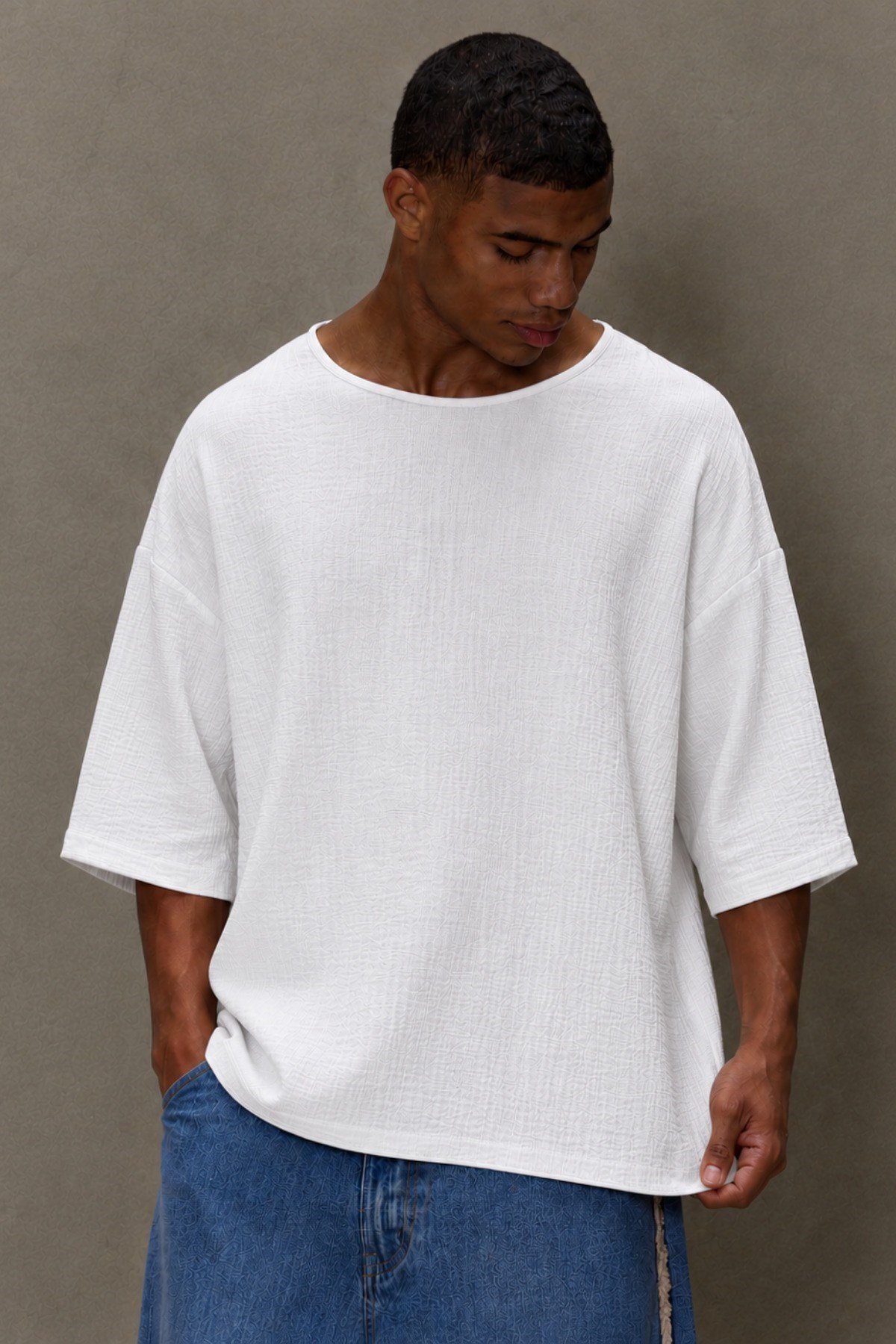 Tarz CoolT-shirtOVRKTNTST026-Siyah-LErkek Oversize Keten Görünümlü Basic Tişört – Salaş Kesim Bisiklet Yaka Günlük Streetwear T-Shirt