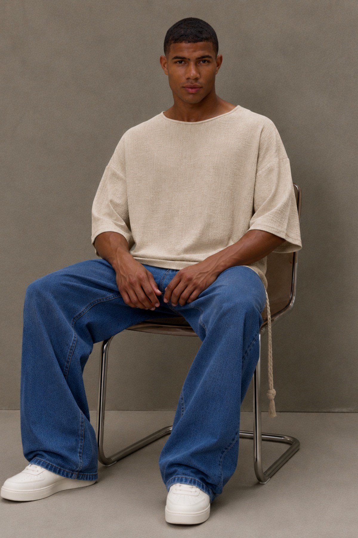 Tarz CoolT-shirtOVRKTNTST026-Siyah-LErkek Oversize Keten Görünümlü Basic Tişört – Salaş Kesim Bisiklet Yaka Günlük Streetwear T-Shirt