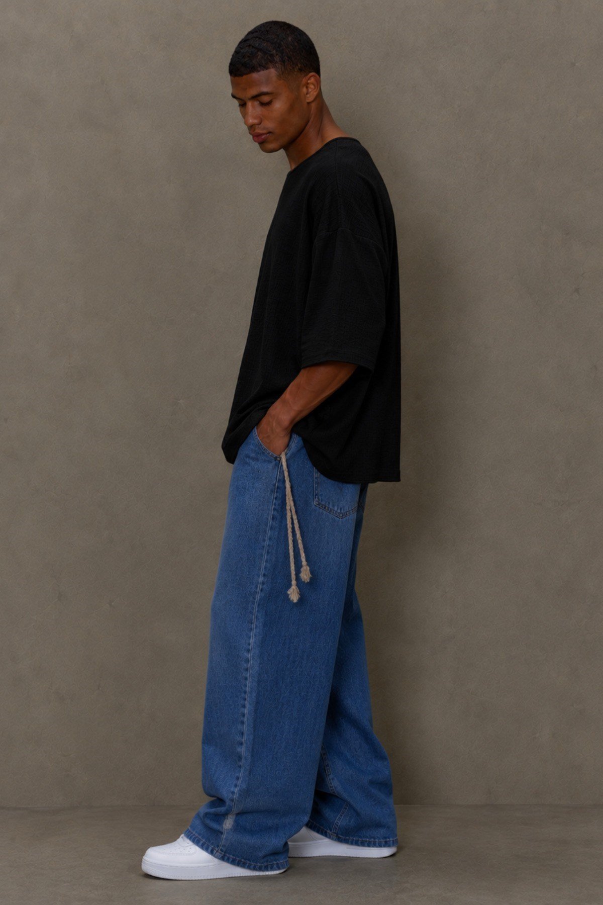 Tarz CoolT-shirtOVRKTNTST026-Siyah-LErkek Oversize Keten Görünümlü Basic Tişört – Salaş Kesim Bisiklet Yaka Günlük Streetwear T-Shirt
