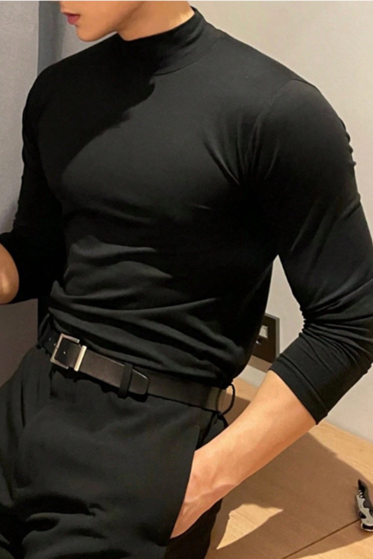 Tarz CoolT-shirtOYSYBLK026-Beyaz-LErkek Yarım Balıkçı Yaka Uzun Kollu Slim Fit Likralı Oysho Kumaş Tişört