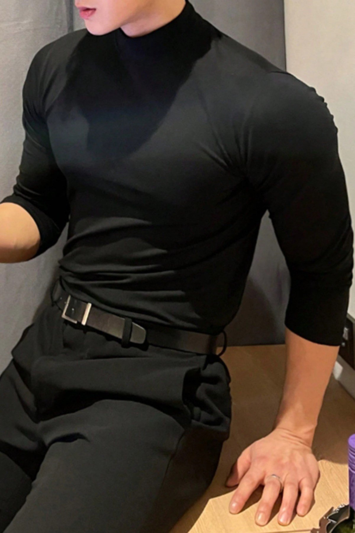 Tarz CoolT-shirtOYSYBLK026-Beyaz-LErkek Yarım Balıkçı Yaka Uzun Kollu Slim Fit Likralı Oysho Kumaş Tişört