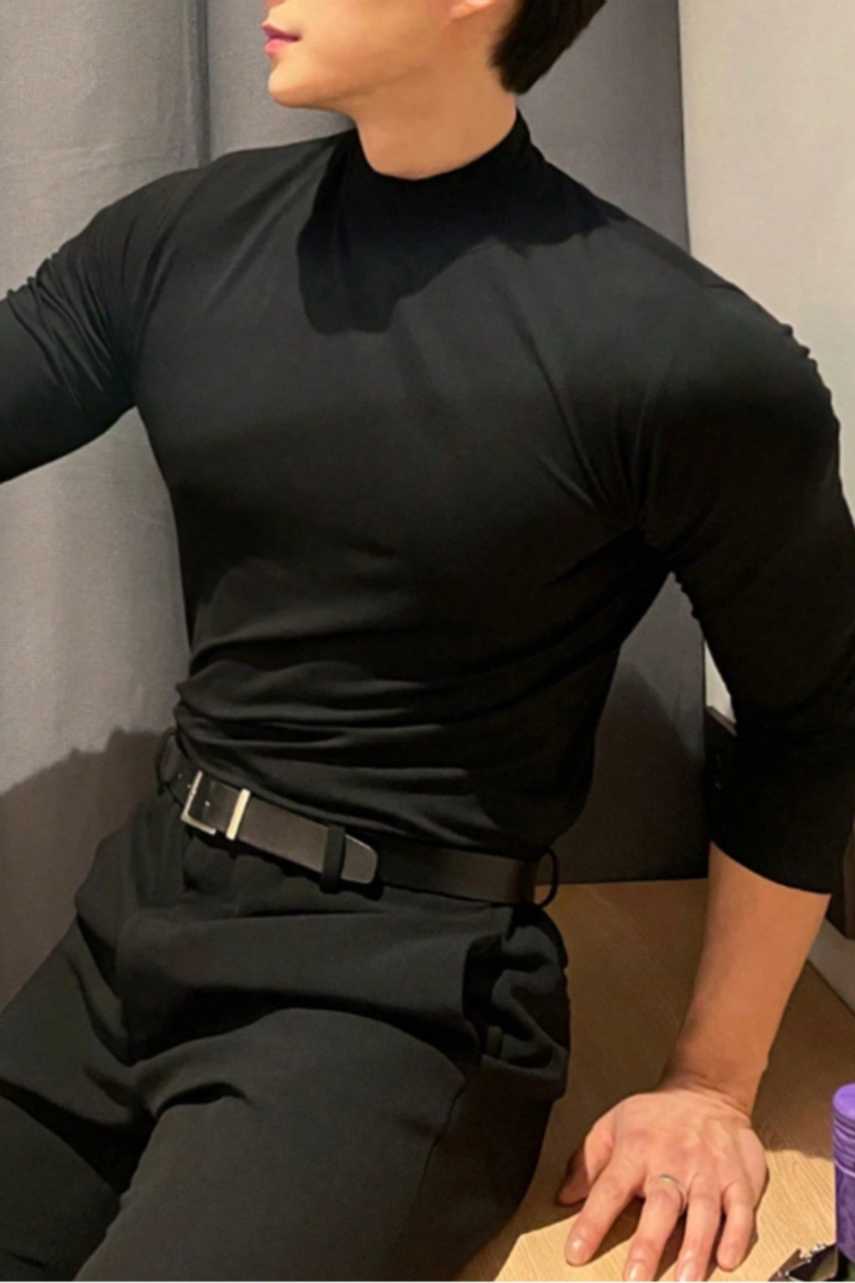 Tarz CoolT-shirtOYSYBLK026-Beyaz-LErkek Yarım Balıkçı Yaka Uzun Kollu Slim Fit Likralı Oysho Kumaş Tişört