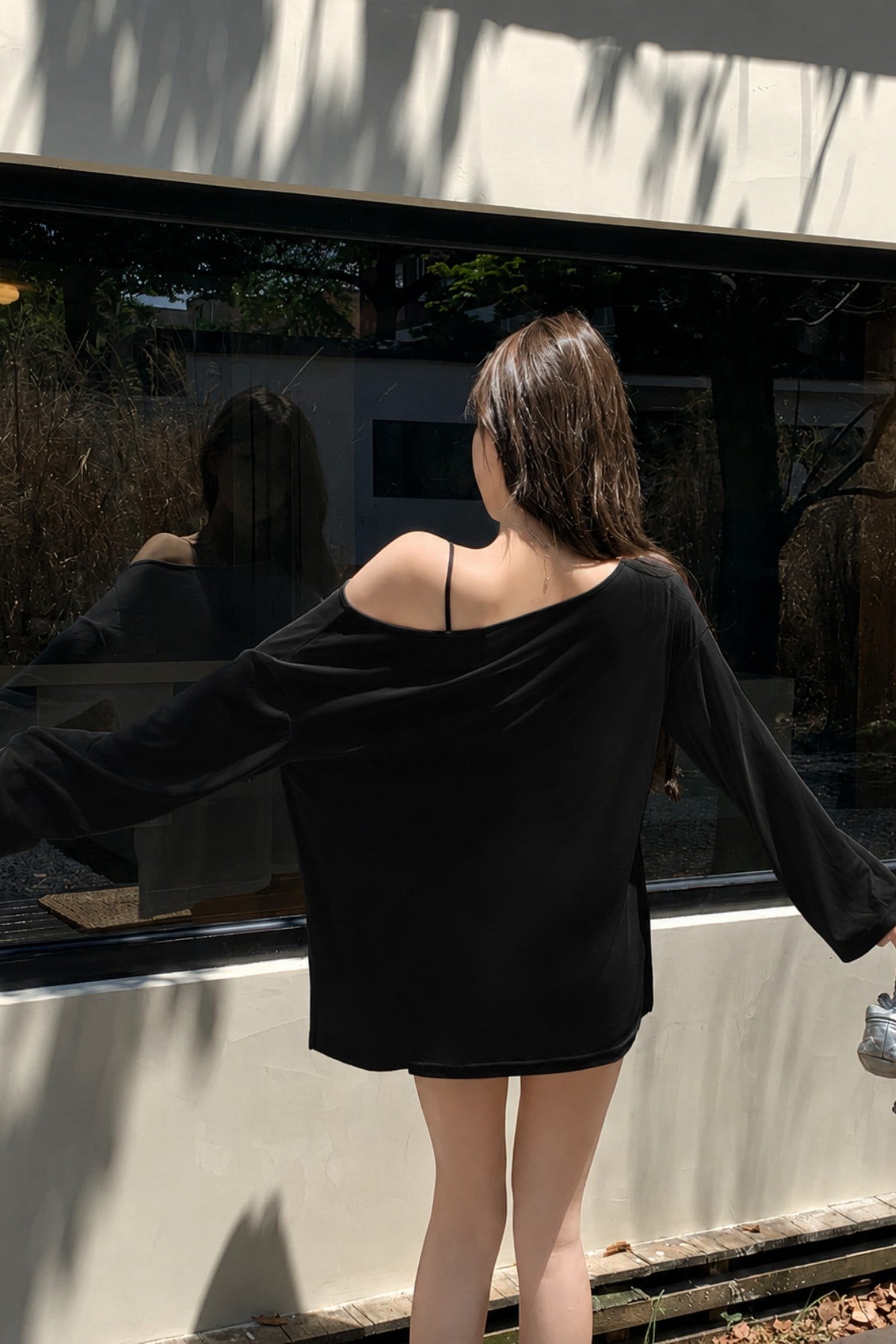 Tarz CoolT-shirtPLJ-TST-026-SYLXLKadın Oversize Düşük Omuz Flamlı Pamuk Bluz – Salaş Yazlık İnce Dokulu Basic Tişört