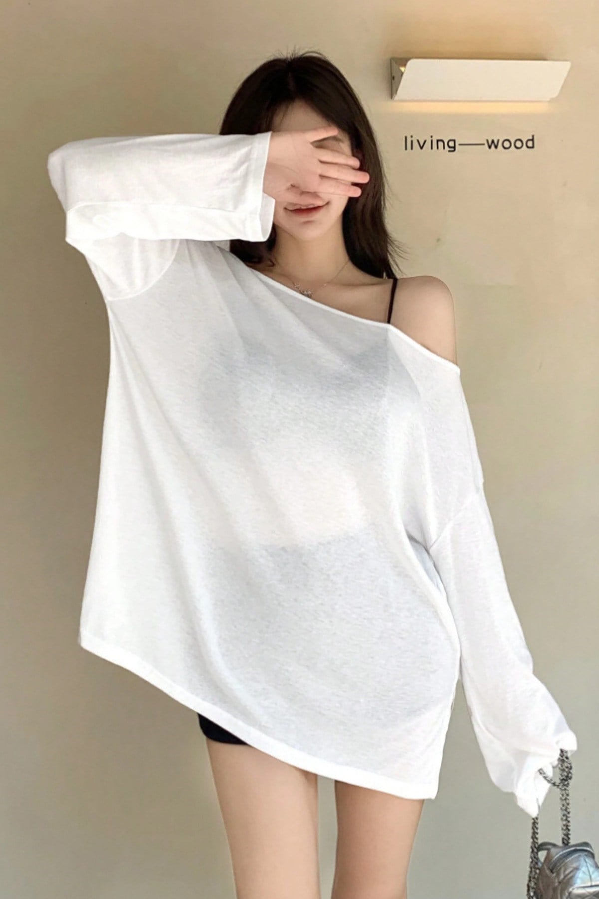 Tarz CoolT-shirtPLJ-TST-026-SYLXLKadın Oversize Düşük Omuz Flamlı Pamuk Bluz – Salaş Yazlık İnce Dokulu Basic Tişört