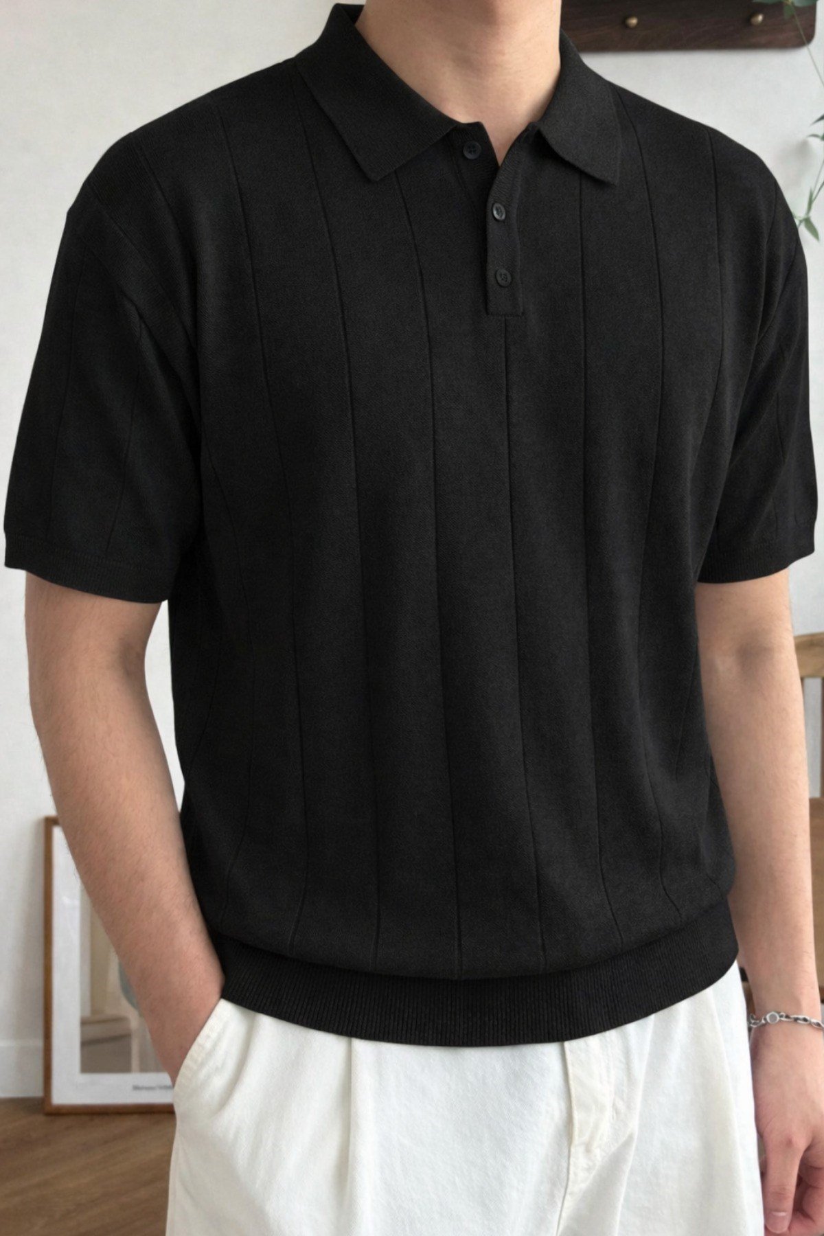 Tarz CoolT-shirtPLW-2401-BY-SErkek Düğmeli Polo Yaka Tişört Kısa Kollu Fitilli Pamuklu Triko