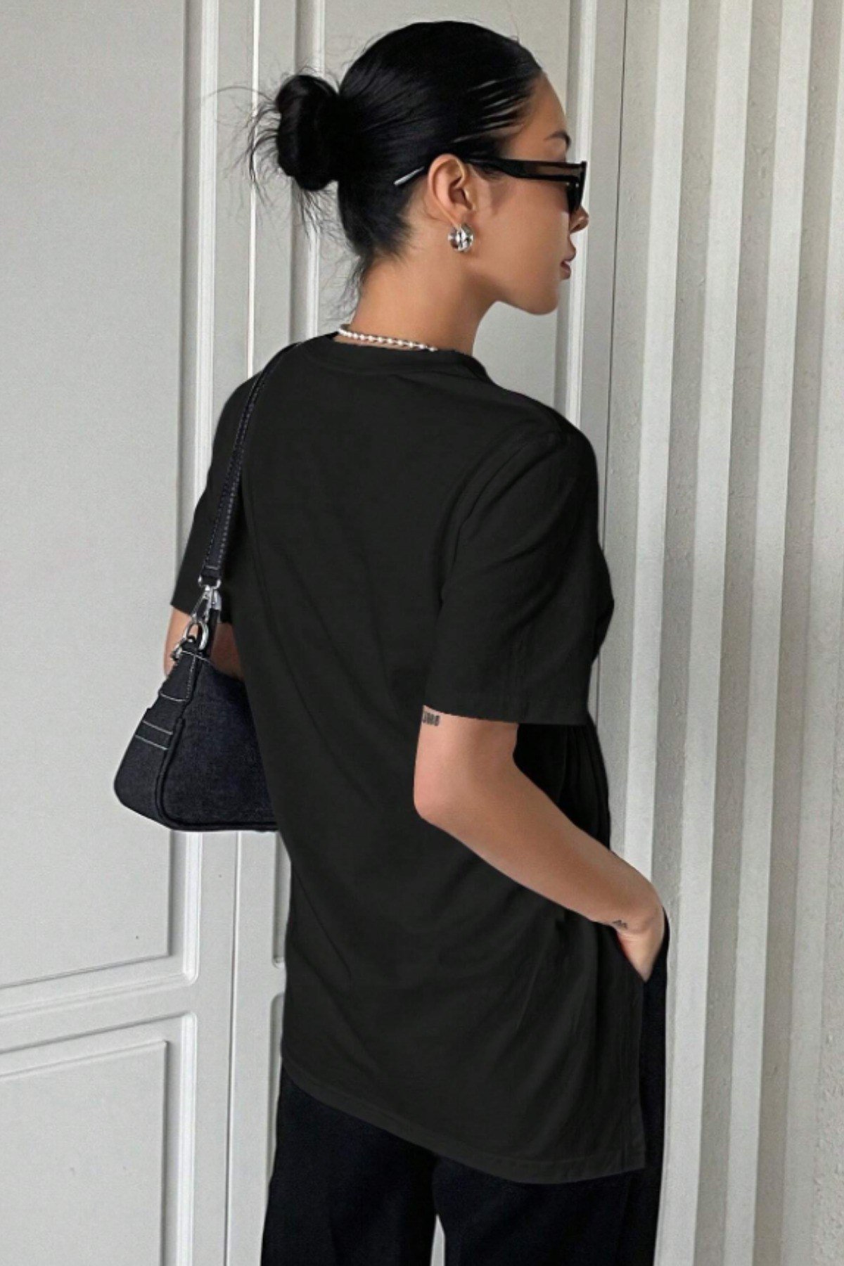 Tarz CoolT-shirtTC-ASMT-001-SY-XLKadın Asimetrik Tişört Yırtmaçlı Basic Oversize Kısa Kollu Modern Şık T-Shirt