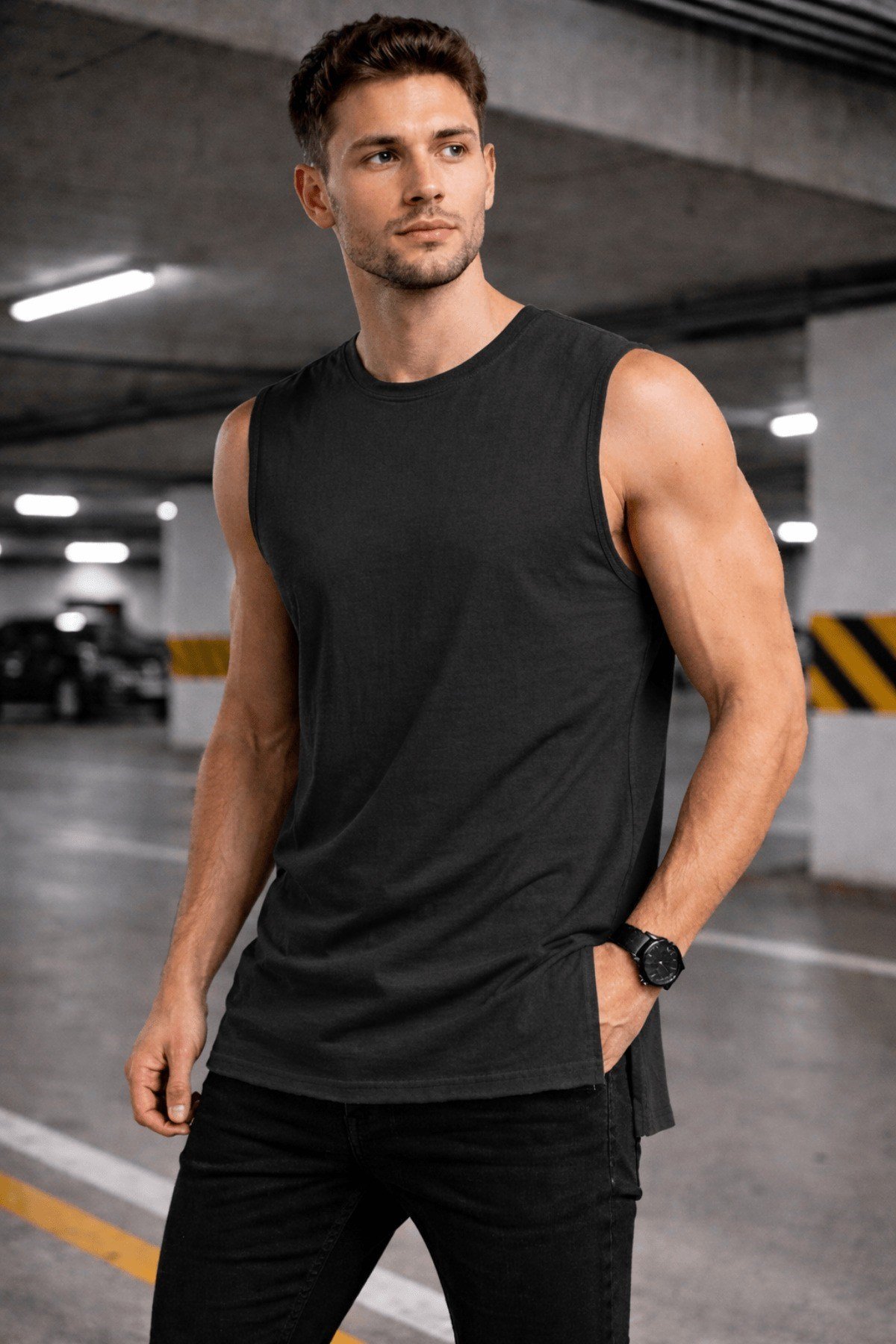 Tarz CoolT-shirtTC-ATL-YRT-BR-LErkek Kolsuz Regular Fit Basic Atlet Yan Yırtmaçlı Pis Yaka Tişört