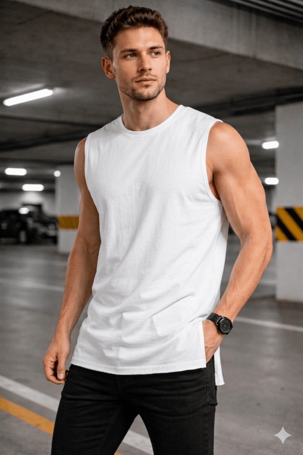 Tarz CoolT-shirtTC-ATL-YRT-BR-LErkek Kolsuz Regular Fit Basic Atlet Yan Yırtmaçlı Pis Yaka Tişört