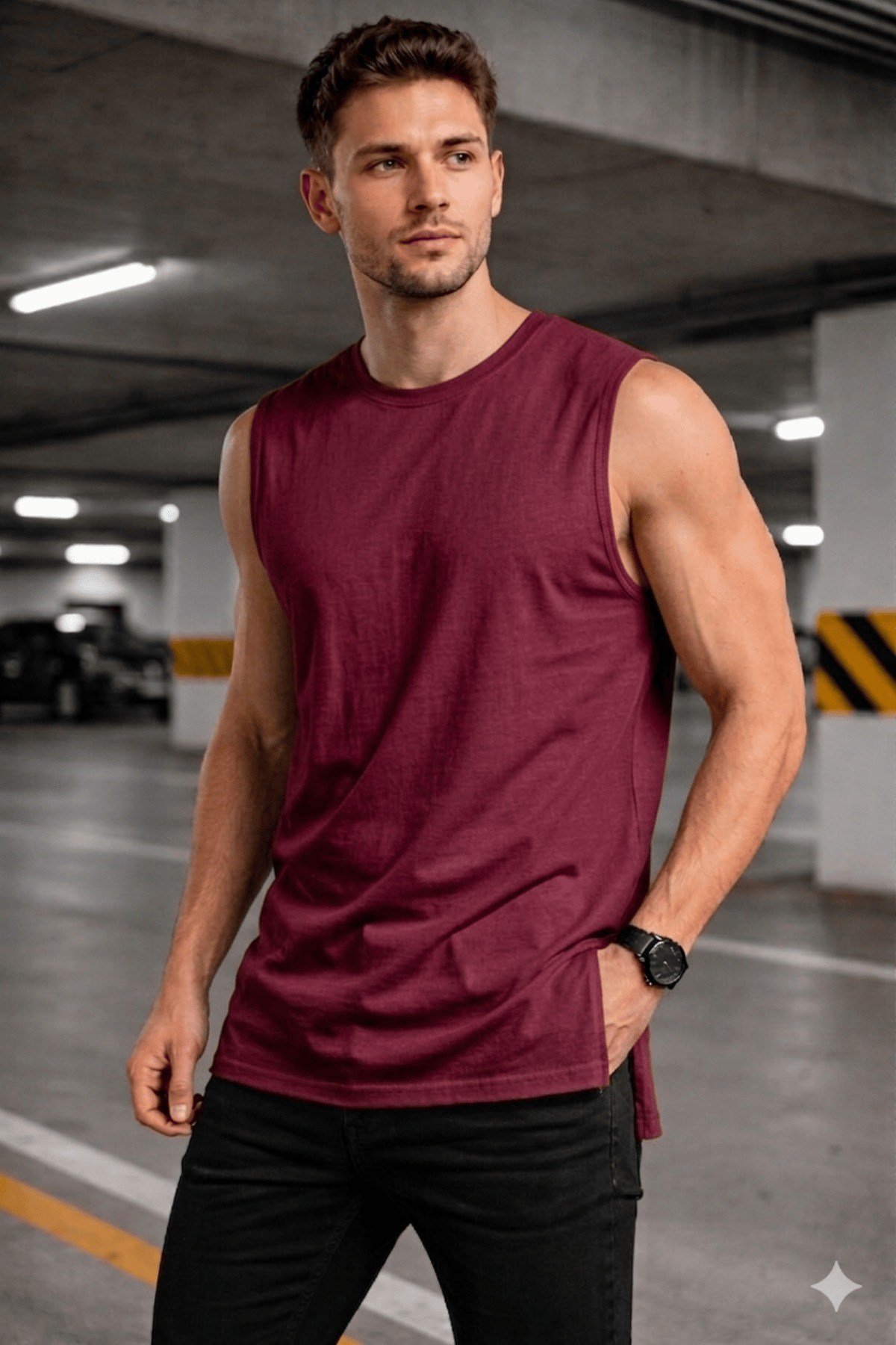 Tarz CoolT-shirtTC-ATL-YRT-BR-LErkek Kolsuz Regular Fit Basic Atlet Yan Yırtmaçlı Pis Yaka Tişört