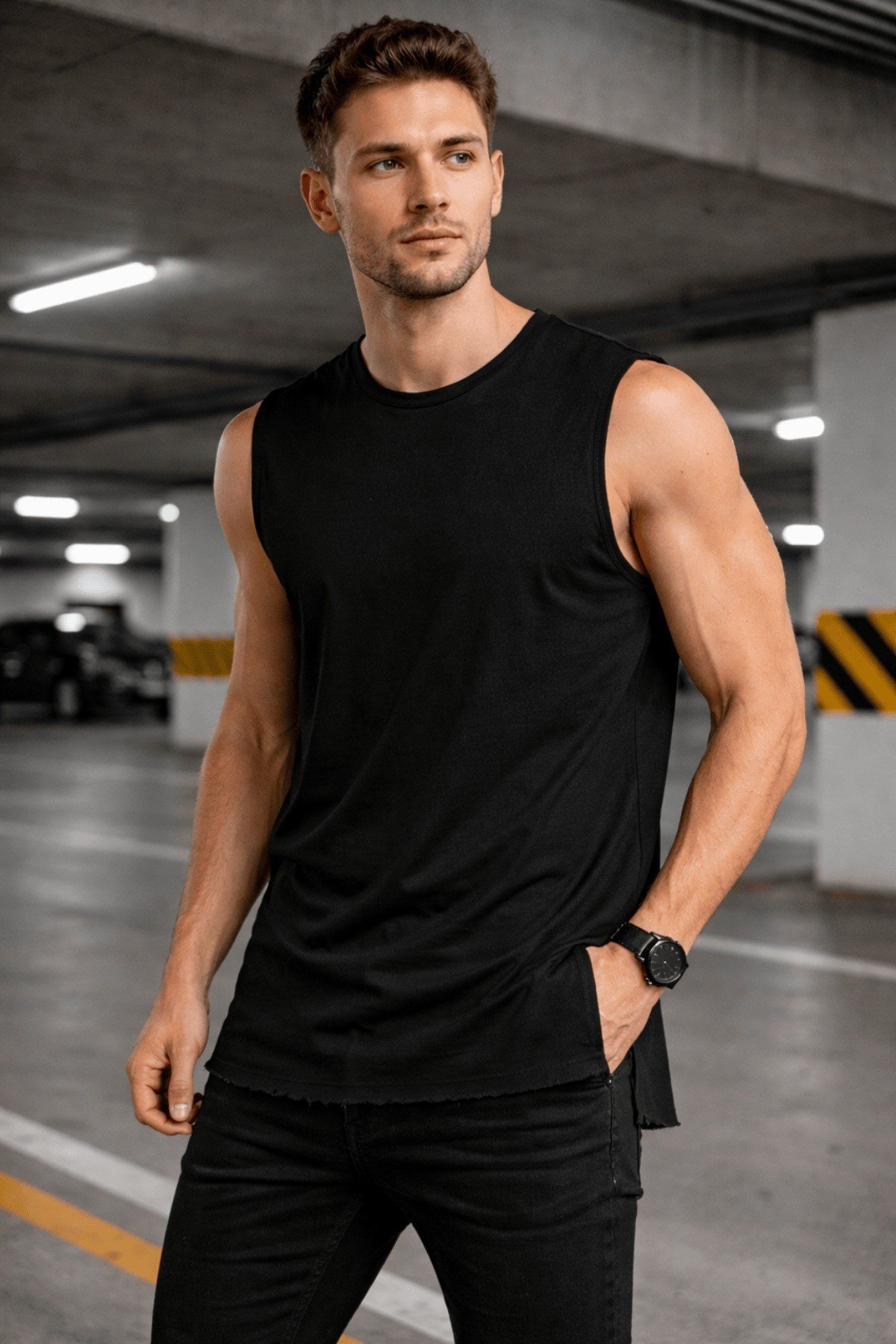Tarz CoolT-shirtTC-ATL-YRT-BR-LErkek Kolsuz Regular Fit Basic Atlet Yan Yırtmaçlı Pis Yaka Tişört
