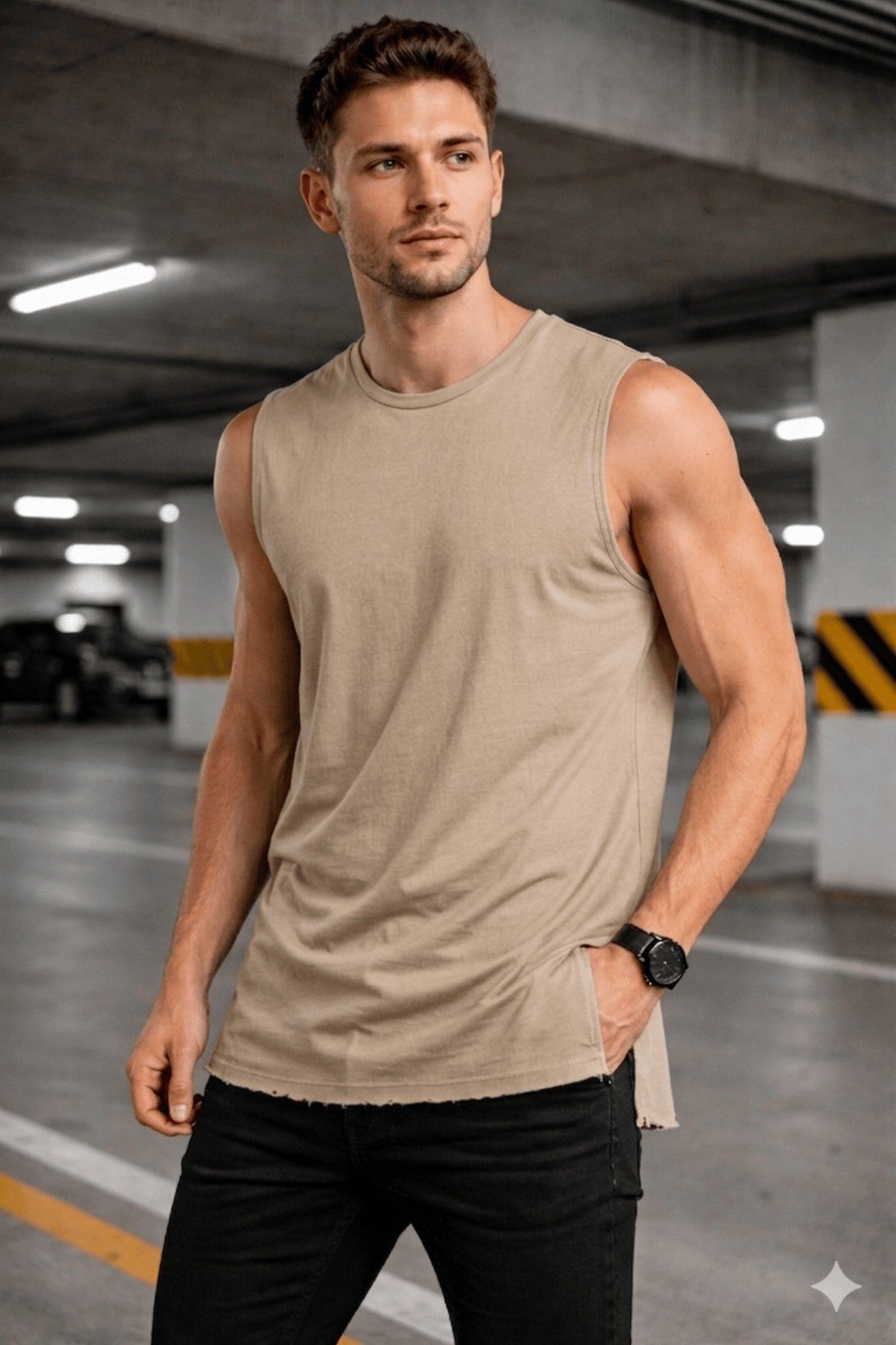 Tarz CoolT-shirtTC-ATL-YRT-BR-LErkek Kolsuz Regular Fit Basic Atlet Yan Yırtmaçlı Pis Yaka Tişört