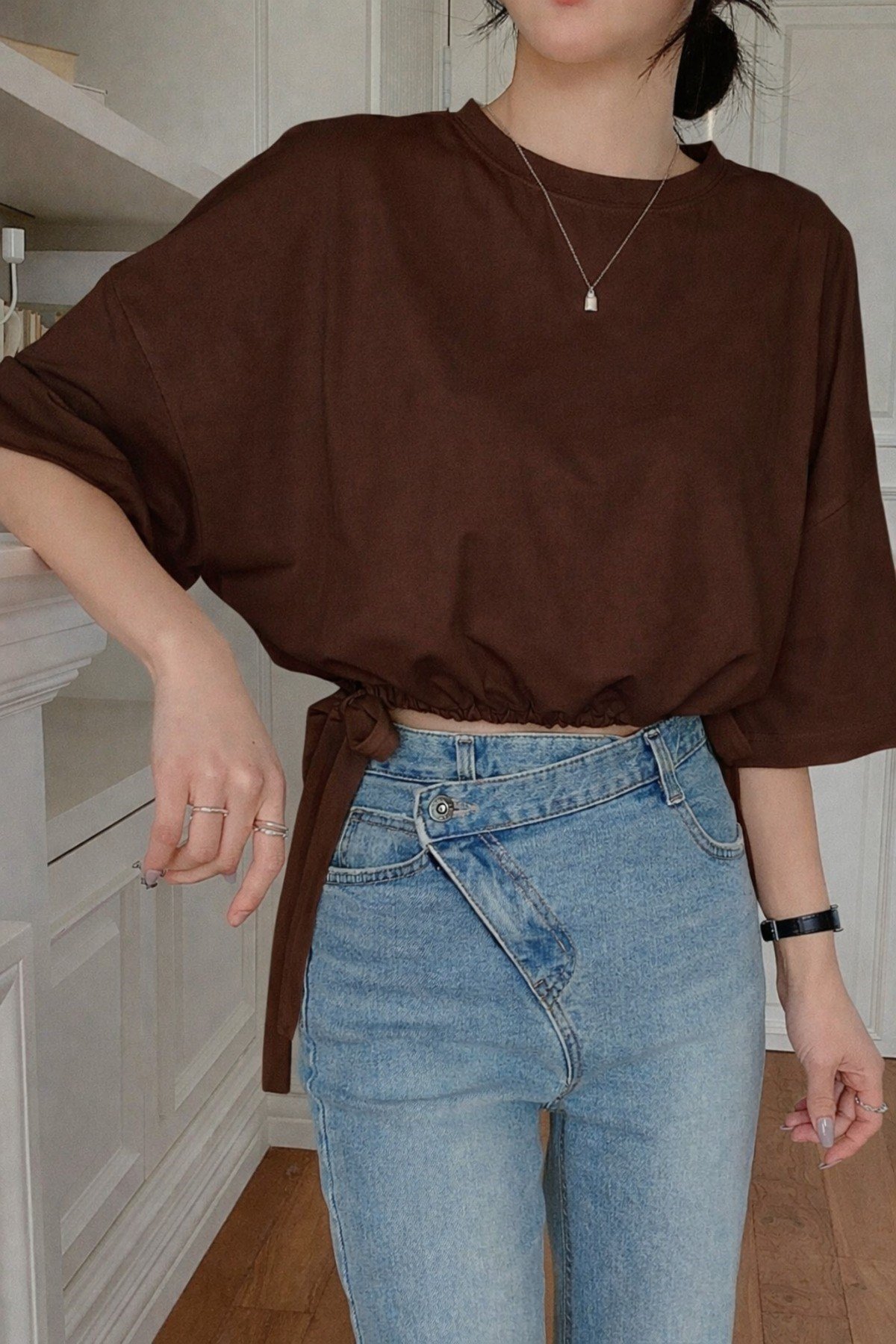 Tarz CoolT-shirtTC-BĞL-01-HKİ-SKadın Oversize Basic Haki Tişört Yan Bağlamalı Rahat Kesim Günlük Yazlık T-Shirt