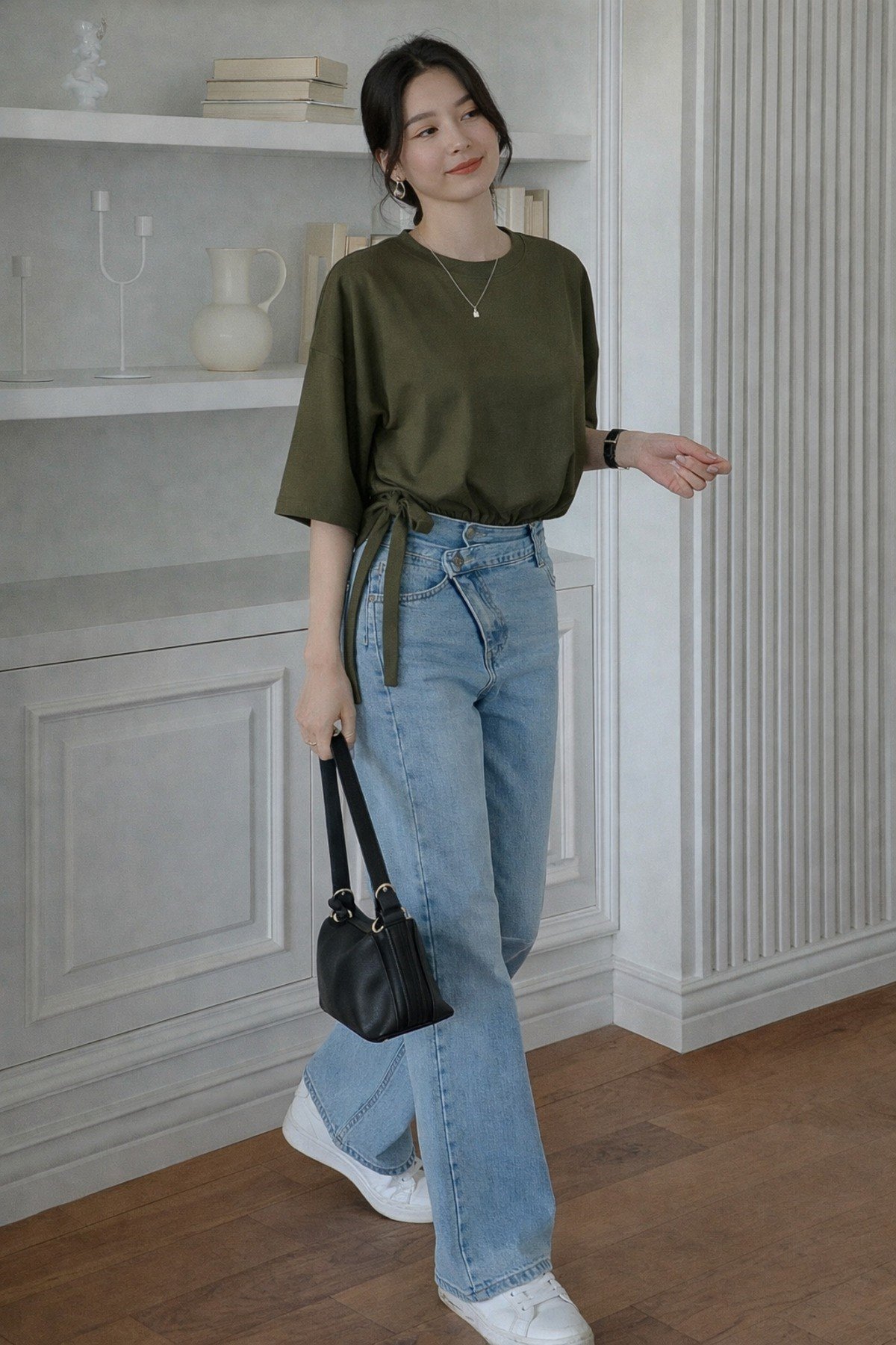 Tarz CoolT-shirtTC-BĞL-01-HKİ-SKadın Oversize Basic Haki Tişört Yan Bağlamalı Rahat Kesim Günlük Yazlık T-Shirt