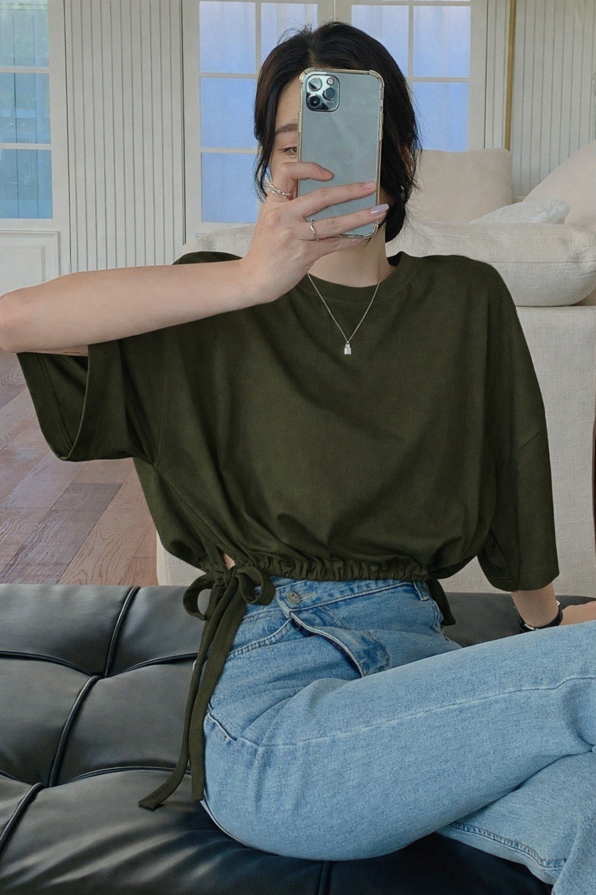 Tarz CoolT-shirtTC-BĞL-01-HKİ-SKadın Oversize Basic Haki Tişört Yan Bağlamalı Rahat Kesim Günlük Yazlık T-Shirt