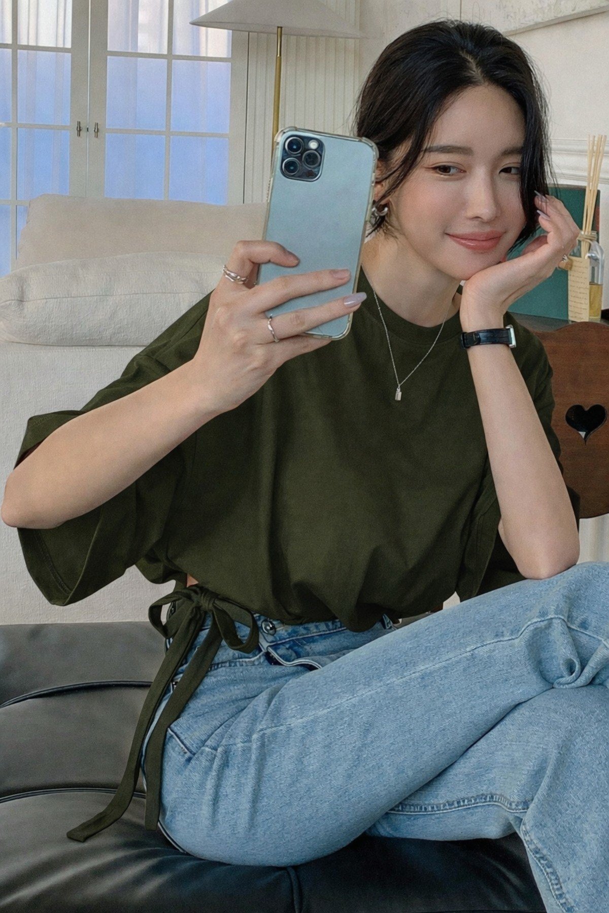 Tarz CoolT-shirtTC-BĞL-01-HKİ-SKadın Oversize Basic Haki Tişört Yan Bağlamalı Rahat Kesim Günlük Yazlık T-Shirt