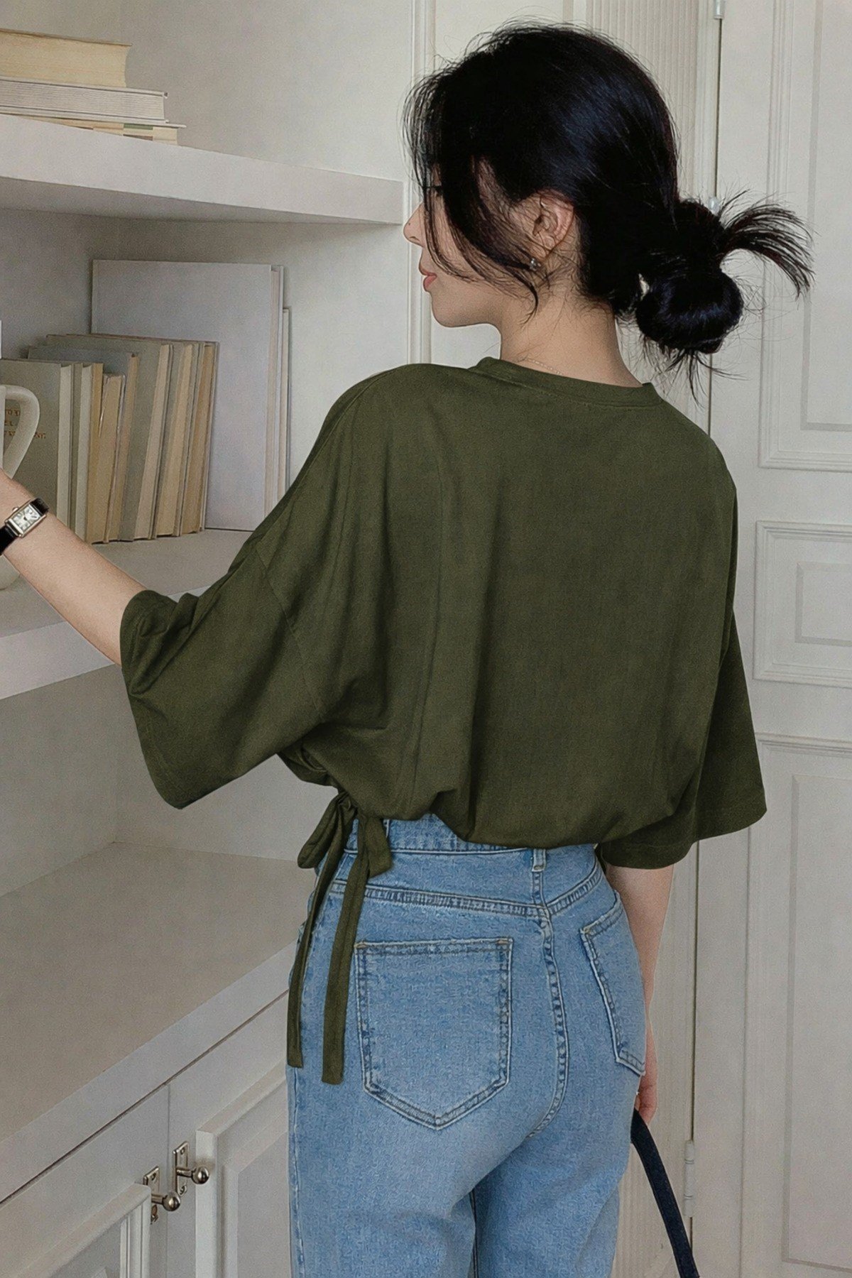 Tarz CoolT-shirtTC-BĞL-01-HKİ-SKadın Oversize Basic Haki Tişört Yan Bağlamalı Rahat Kesim Günlük Yazlık T-Shirt