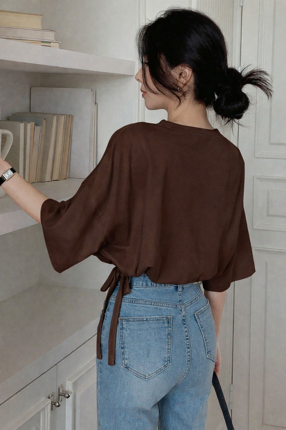 Tarz CoolT-shirtTC-BĞL-01-HKİ-SKadın Oversize Basic Haki Tişört Yan Bağlamalı Rahat Kesim Günlük Yazlık T-Shirt