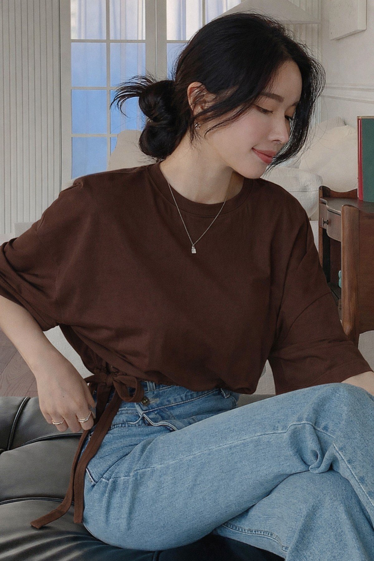 Tarz CoolT-shirtTC-BĞL-01-HKİ-SKadın Oversize Basic Haki Tişört Yan Bağlamalı Rahat Kesim Günlük Yazlık T-Shirt