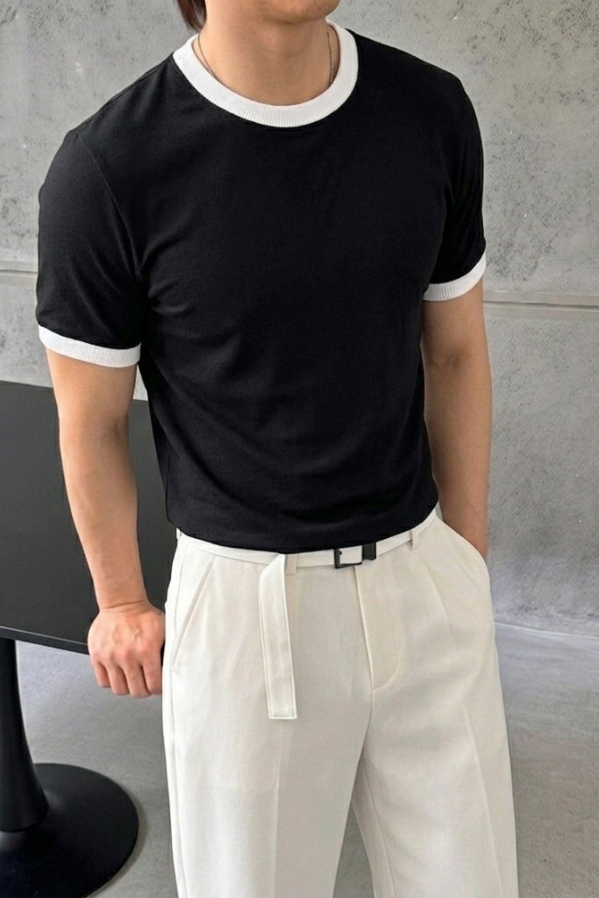 Tarz CoolT-shirtTC-BRW-10-M4-R21Erkek Regular Fit Bisiklet Yaka Kontrast Biyeli %100 Pamuk Süprem Tişört