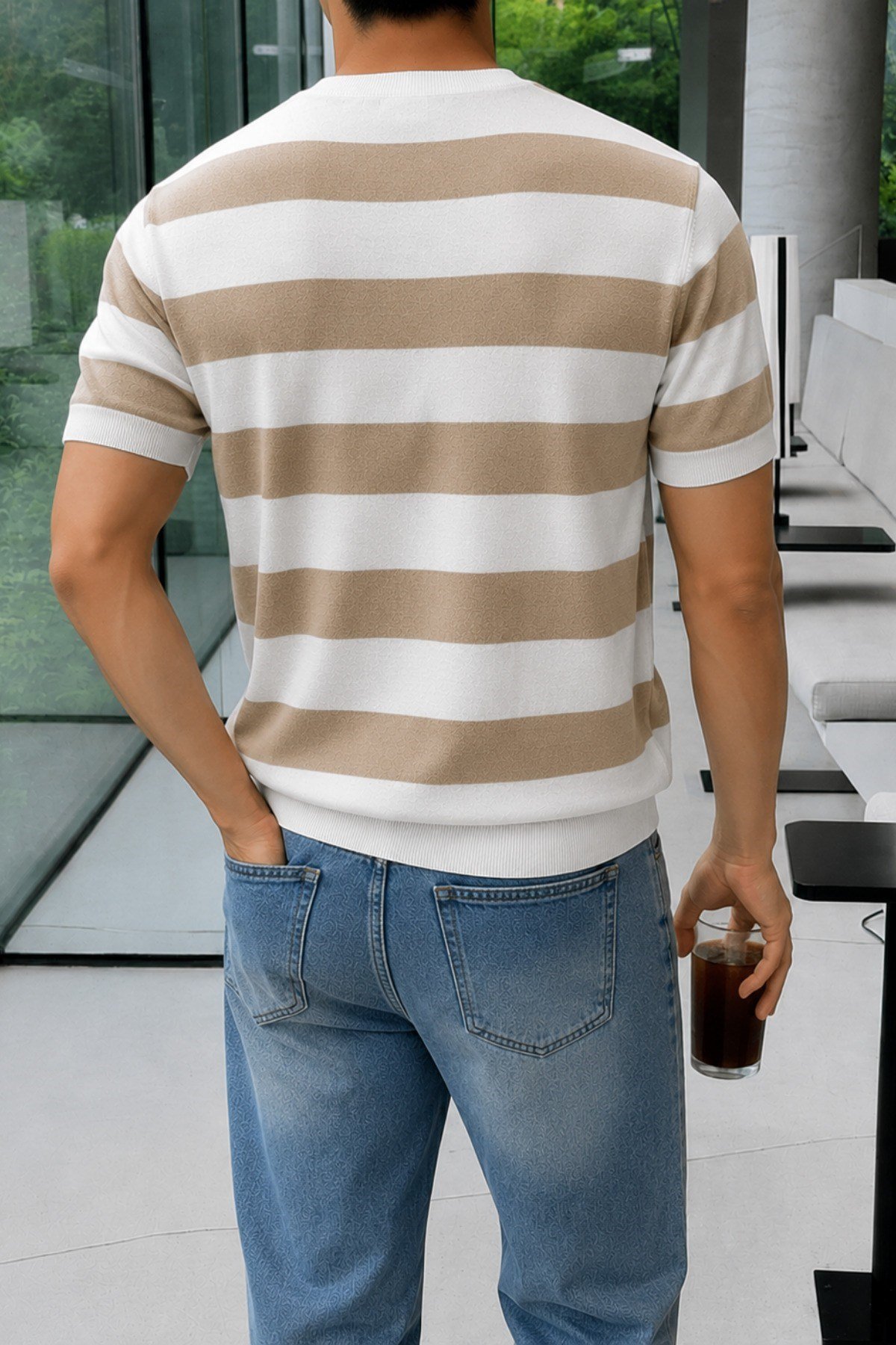 Tarz CoolT-shirtTC-CZTRKES-026-Gri-MErkek Çizgili Triko Tişört Bisiklet Yaka Slim Fit Yazlık İnce Dokulu