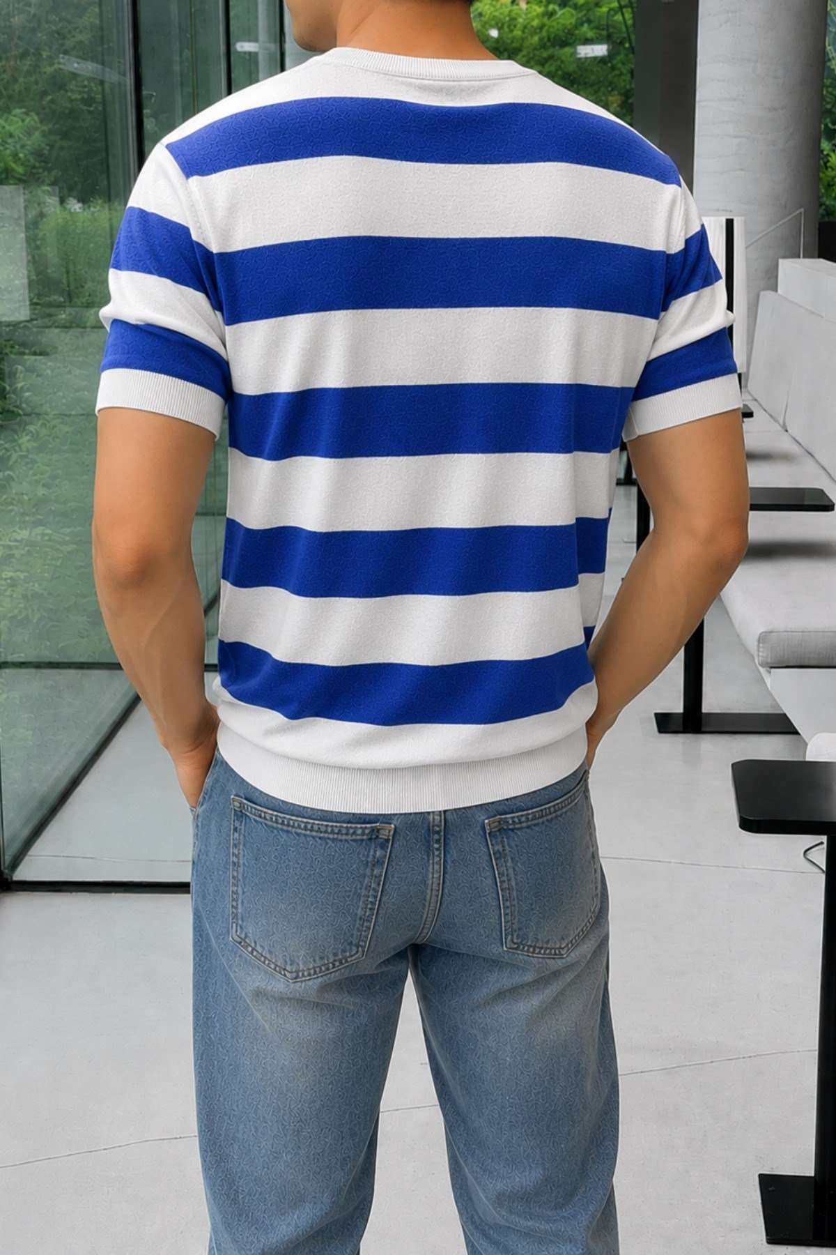 Tarz CoolT-shirtTC-CZTRKES-026-Gri-MErkek Çizgili Triko Tişört Bisiklet Yaka Slim Fit Yazlık İnce Dokulu