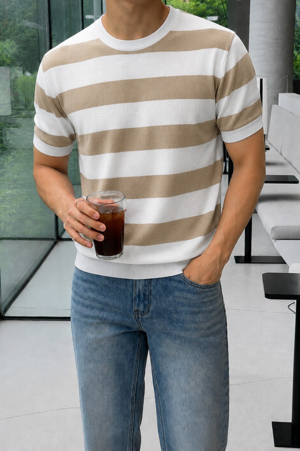 Tarz CoolT-shirtTC-CZTRKES-026-Gri-MErkek Çizgili Triko Tişört Bisiklet Yaka Slim Fit Yazlık İnce Dokulu
