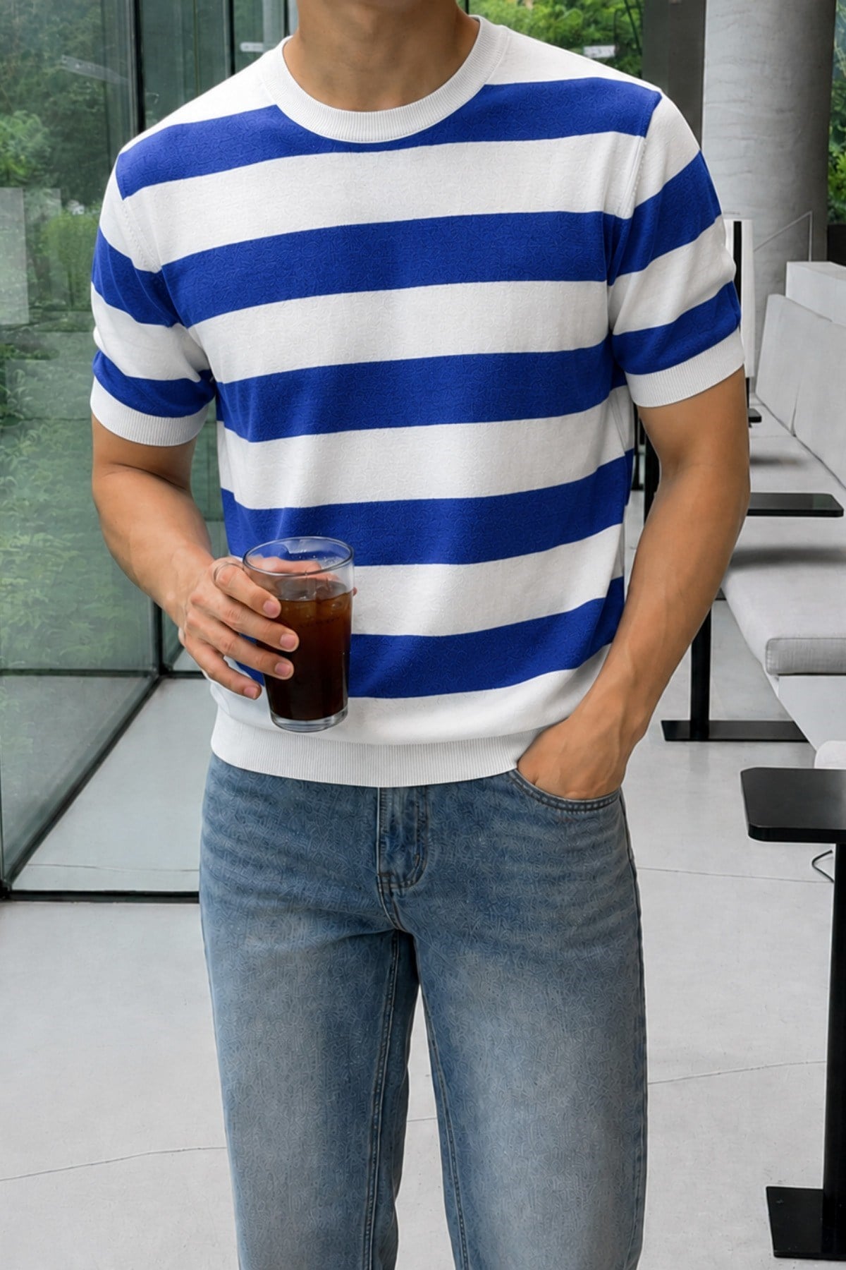 Tarz CoolT-shirtTC-CZTRKES-026-Gri-MErkek Çizgili Triko Tişört Bisiklet Yaka Slim Fit Yazlık İnce Dokulu