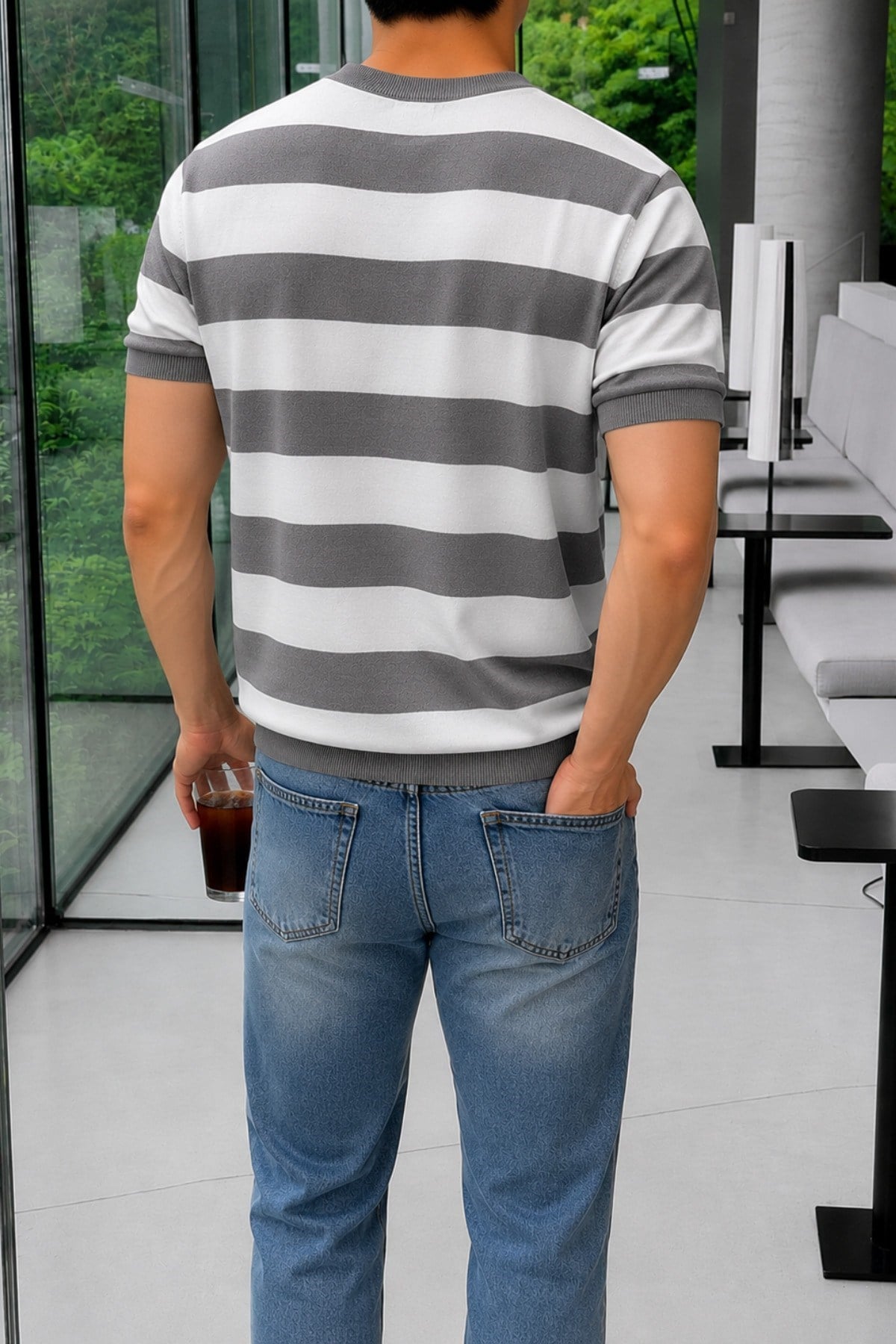 Tarz CoolT-shirtTC-CZTRKES-026-Gri-MErkek Çizgili Triko Tişört Bisiklet Yaka Slim Fit Yazlık İnce Dokulu