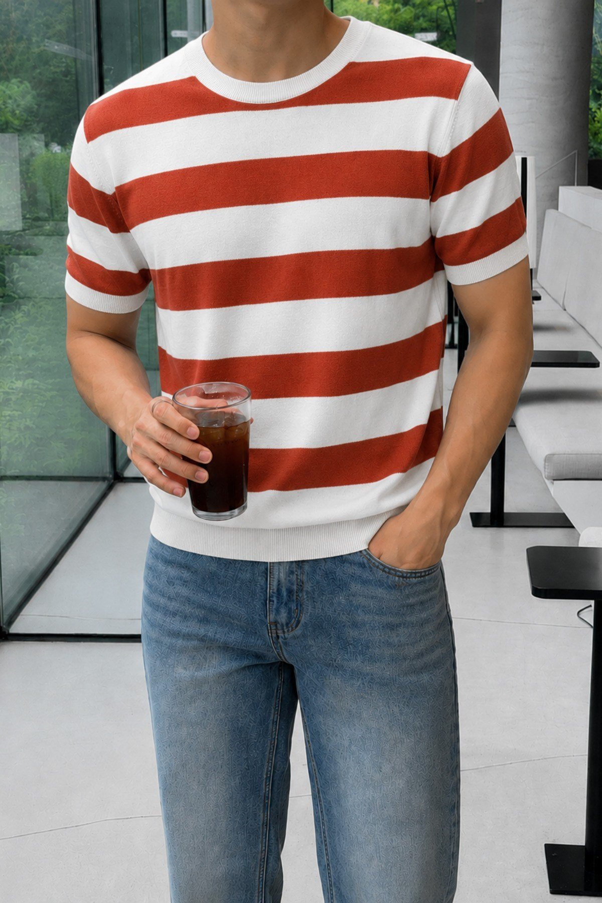 Tarz CoolT-shirtTC-CZTRKES-026-Gri-MErkek Çizgili Triko Tişört Bisiklet Yaka Slim Fit Yazlık İnce Dokulu